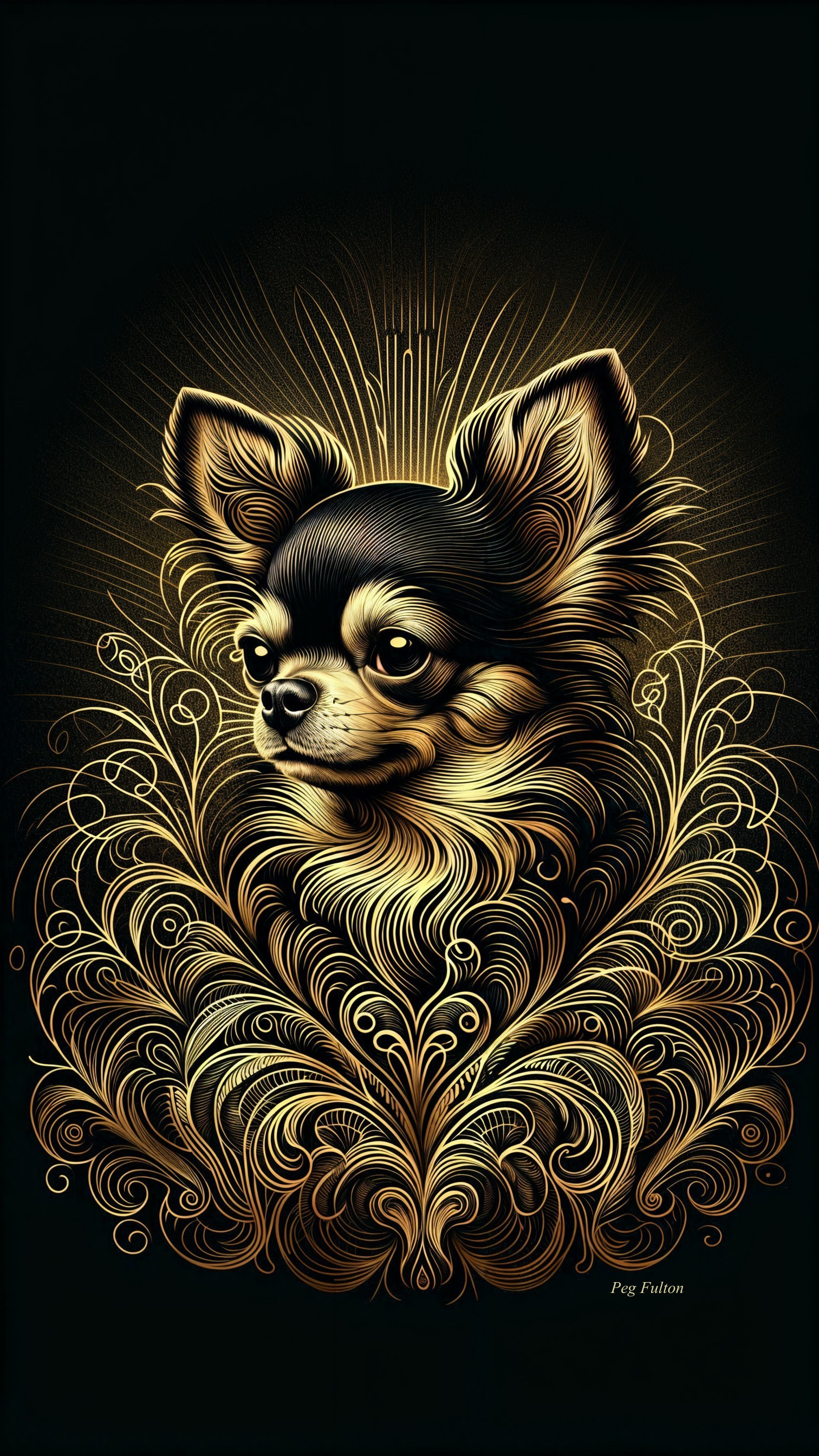 Stylized Illustration of a Chihuahua with Golden Accents