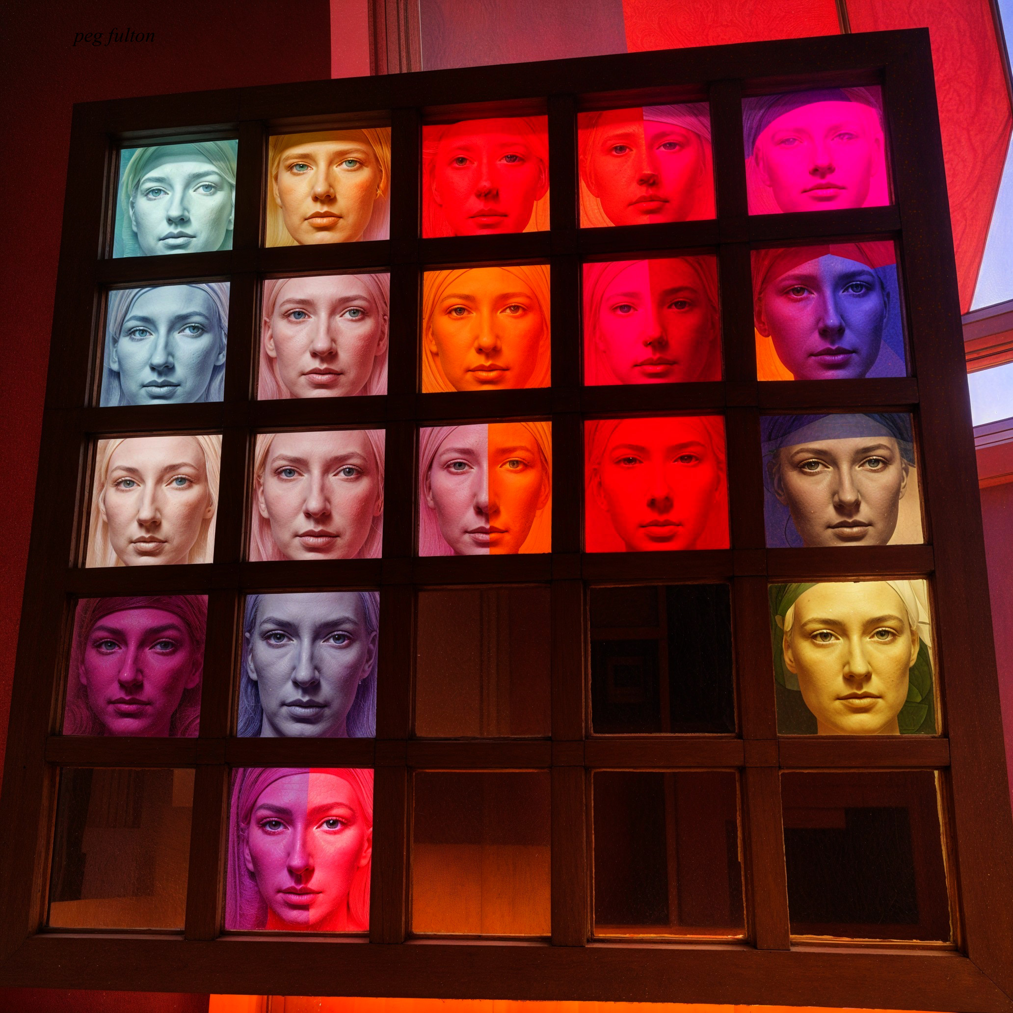 Colorful Faces in Wooden Frame with Serene Expressions