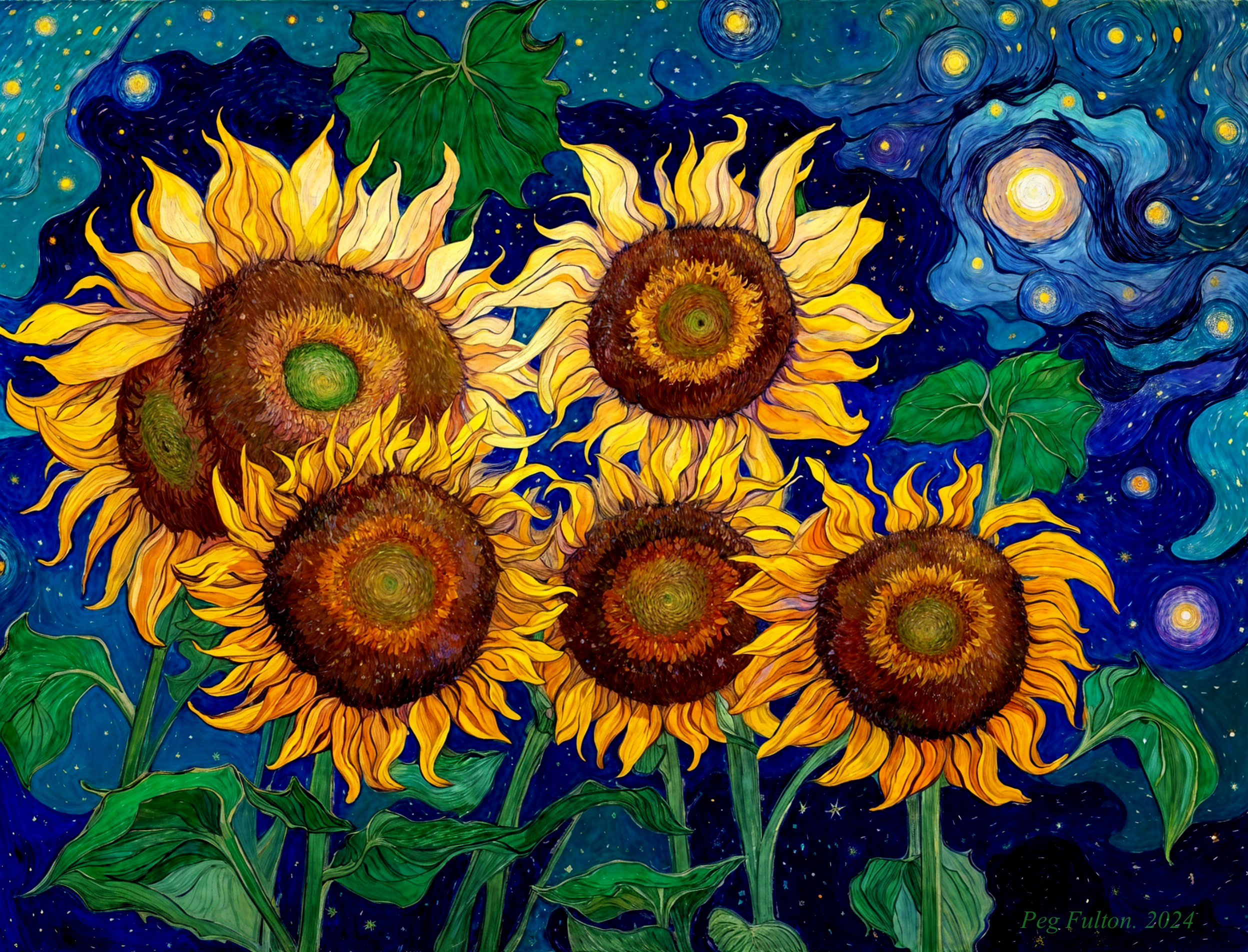 Vibrant Sunflowers Against a Starry Night Sky