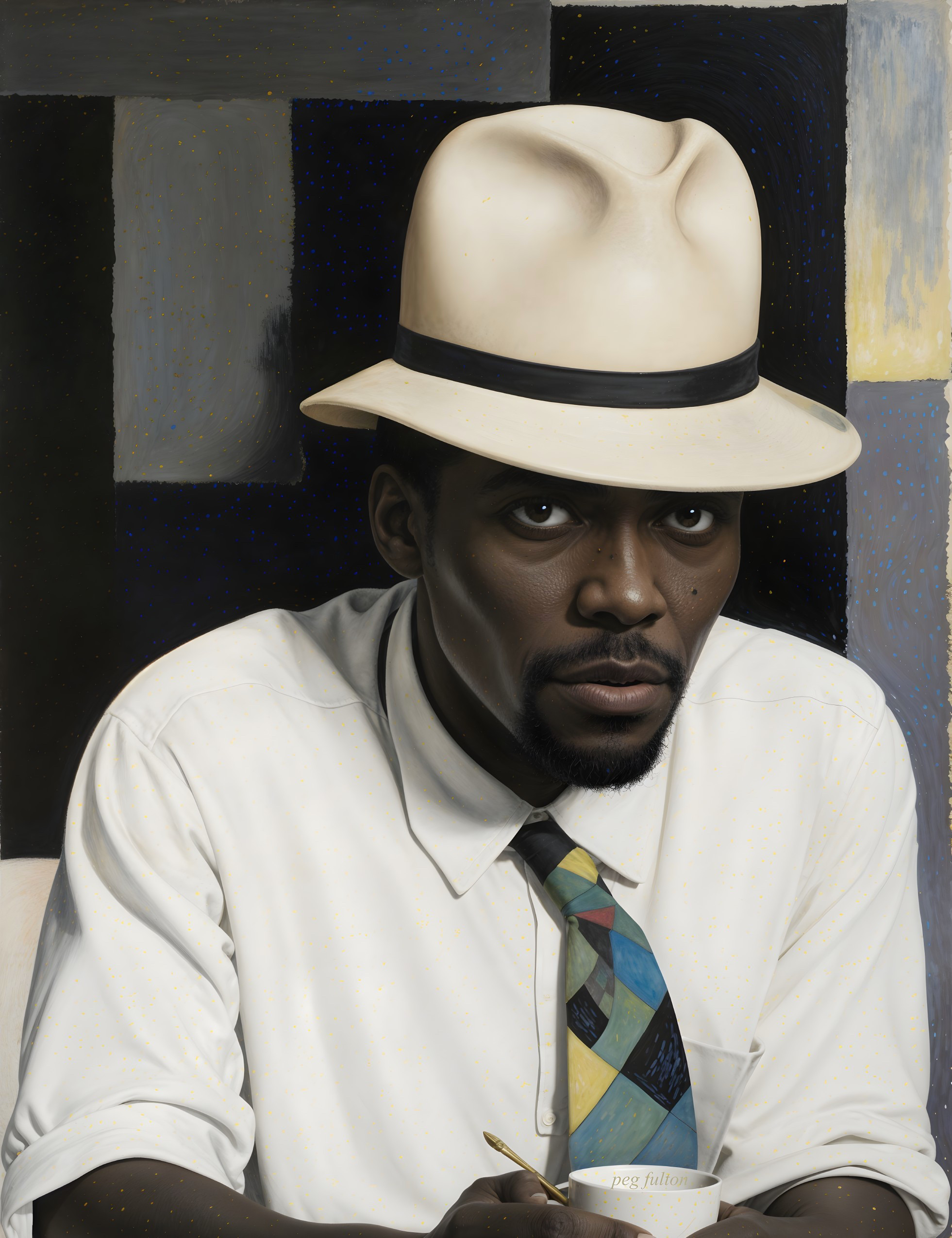 Man in White Shirt and Colorful Tie with Hat