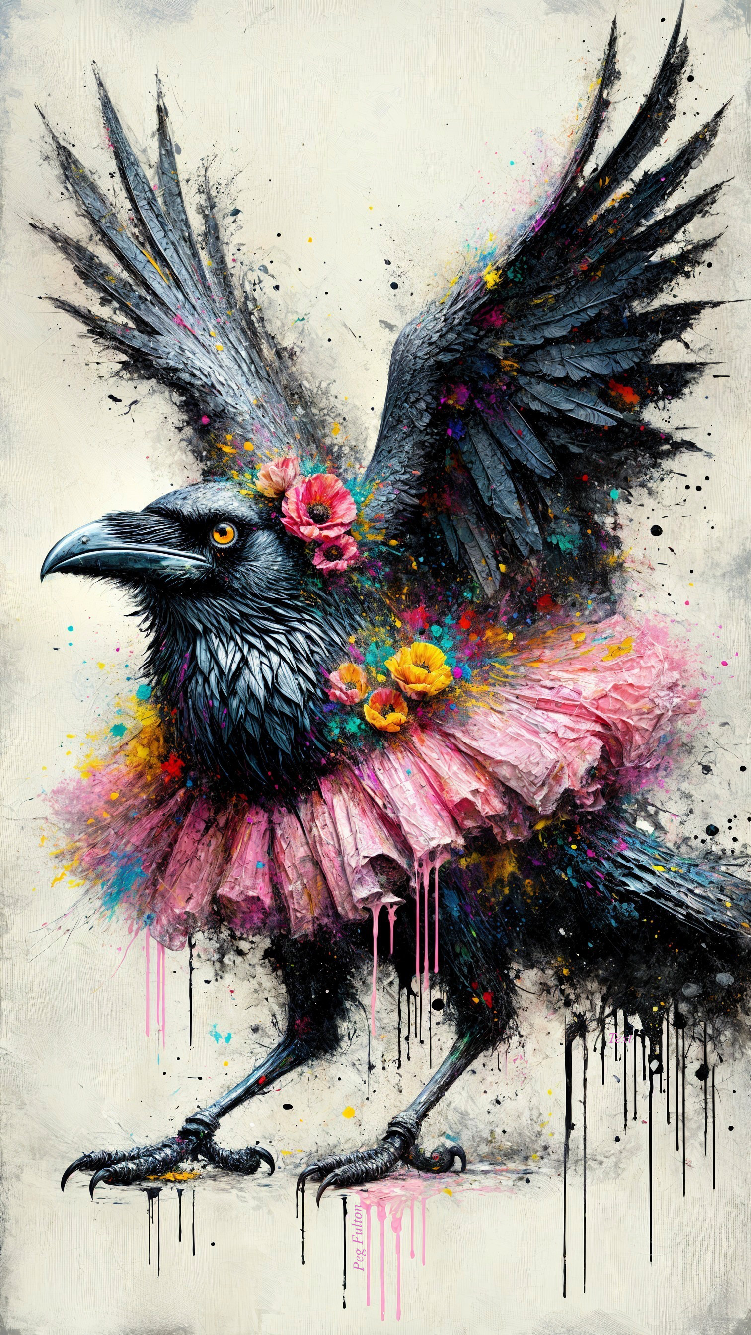 Whimsical Crow in Pink Tutu with Floral Details