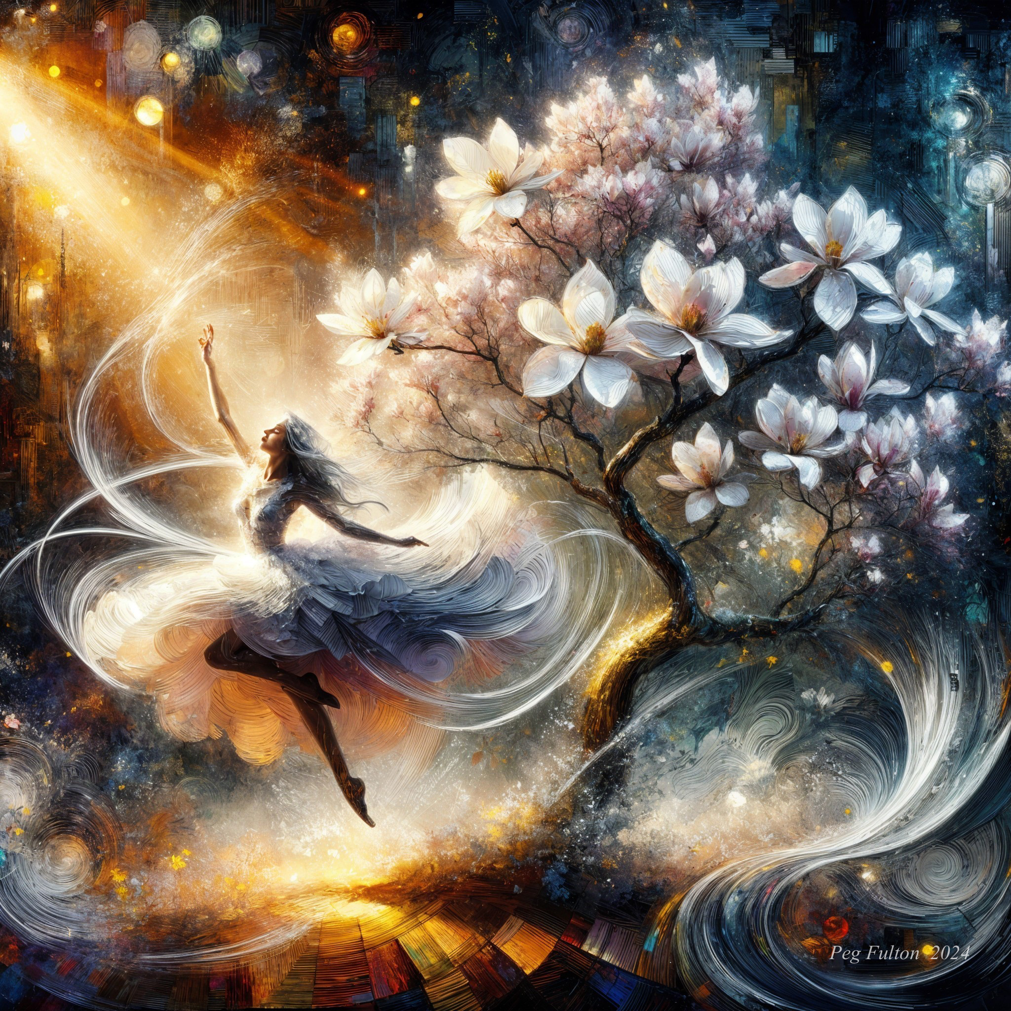 Dreamlike Dancer Under a Blooming Magnolia Tree