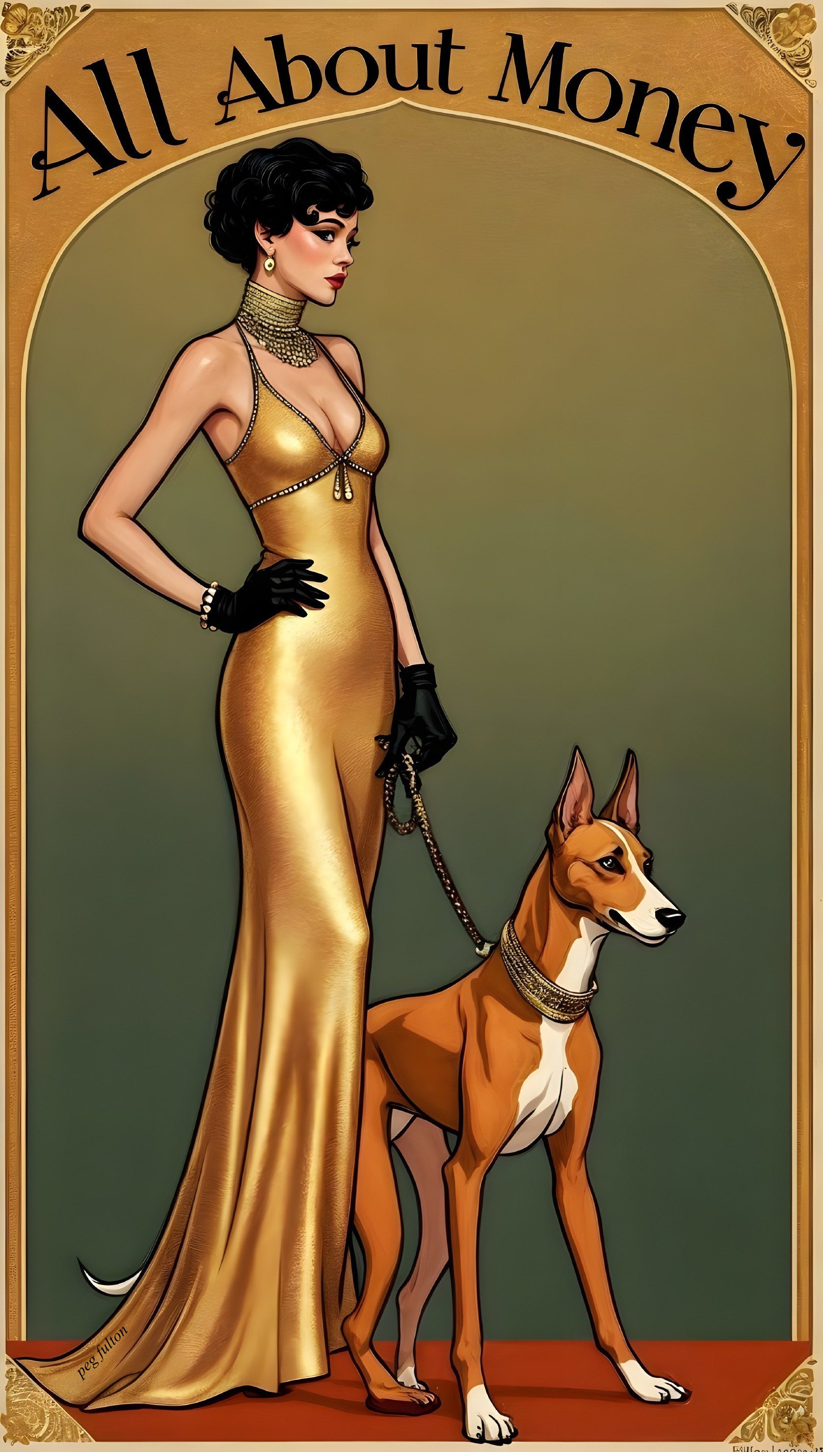Glamorous Woman in Gold Gown with Stylish Dog