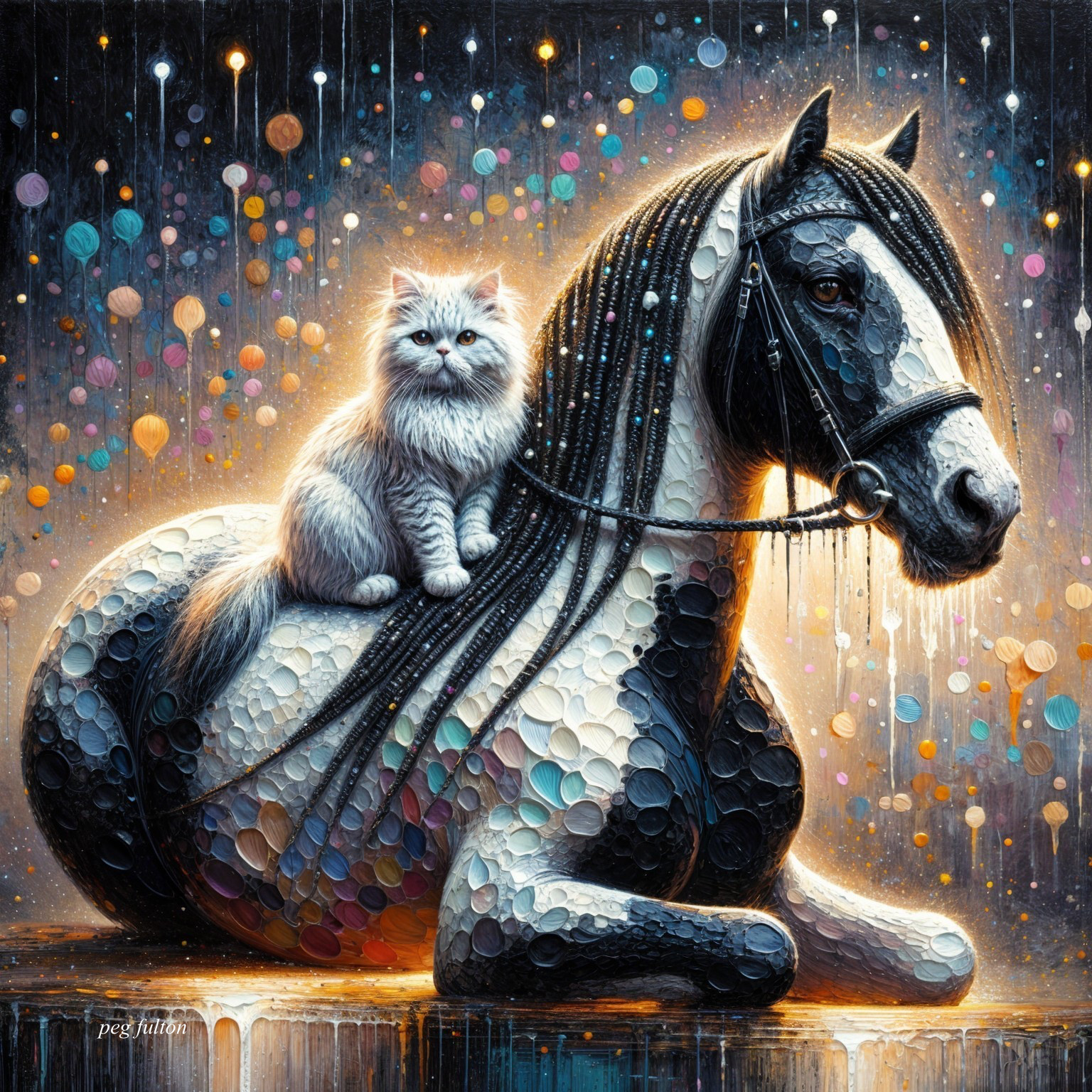 Whimsical Artwork of a Horse and Cat with Bokeh Lights