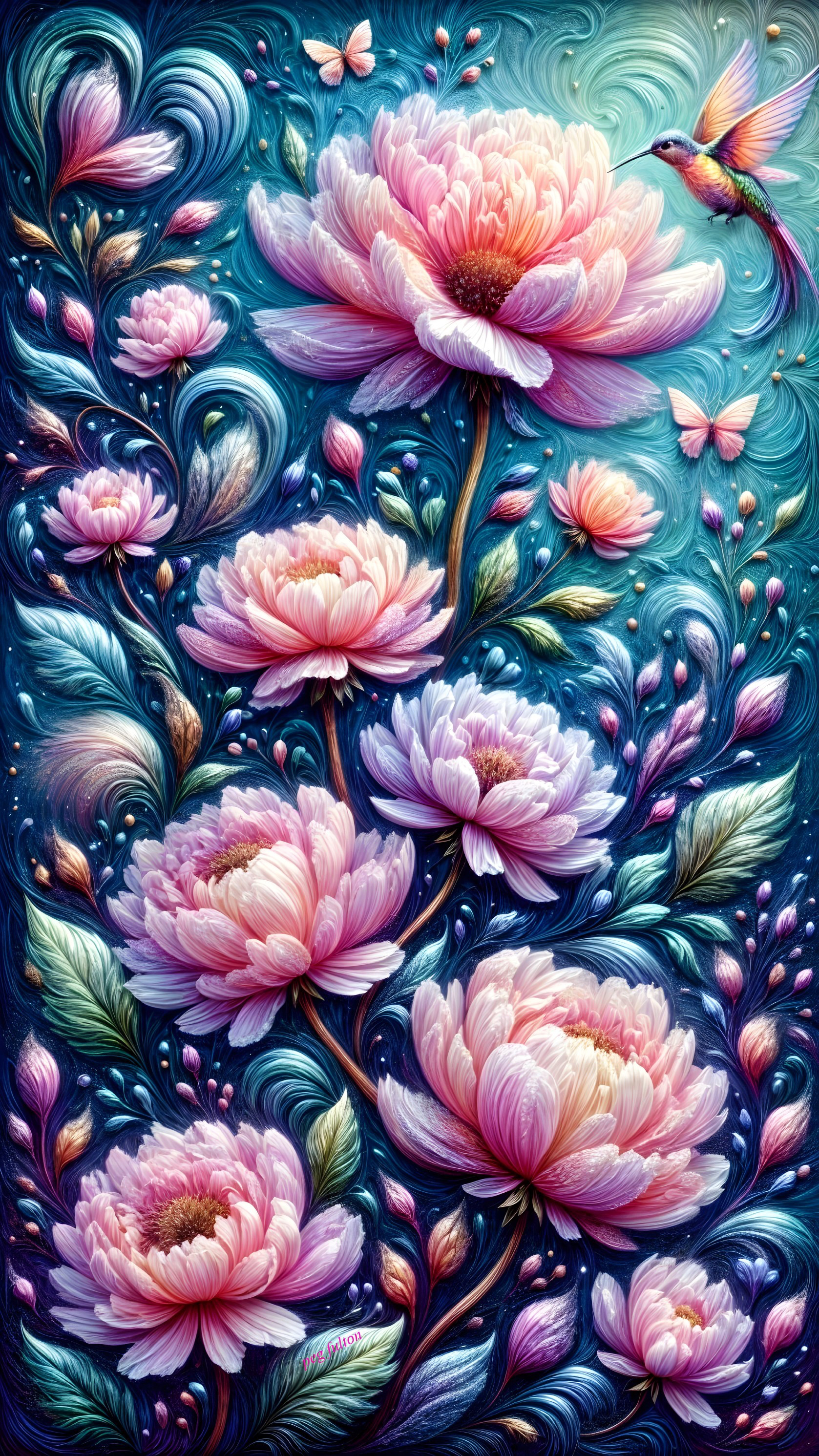 Vibrant Floral Tapestry with Butterflies and Hummingbird