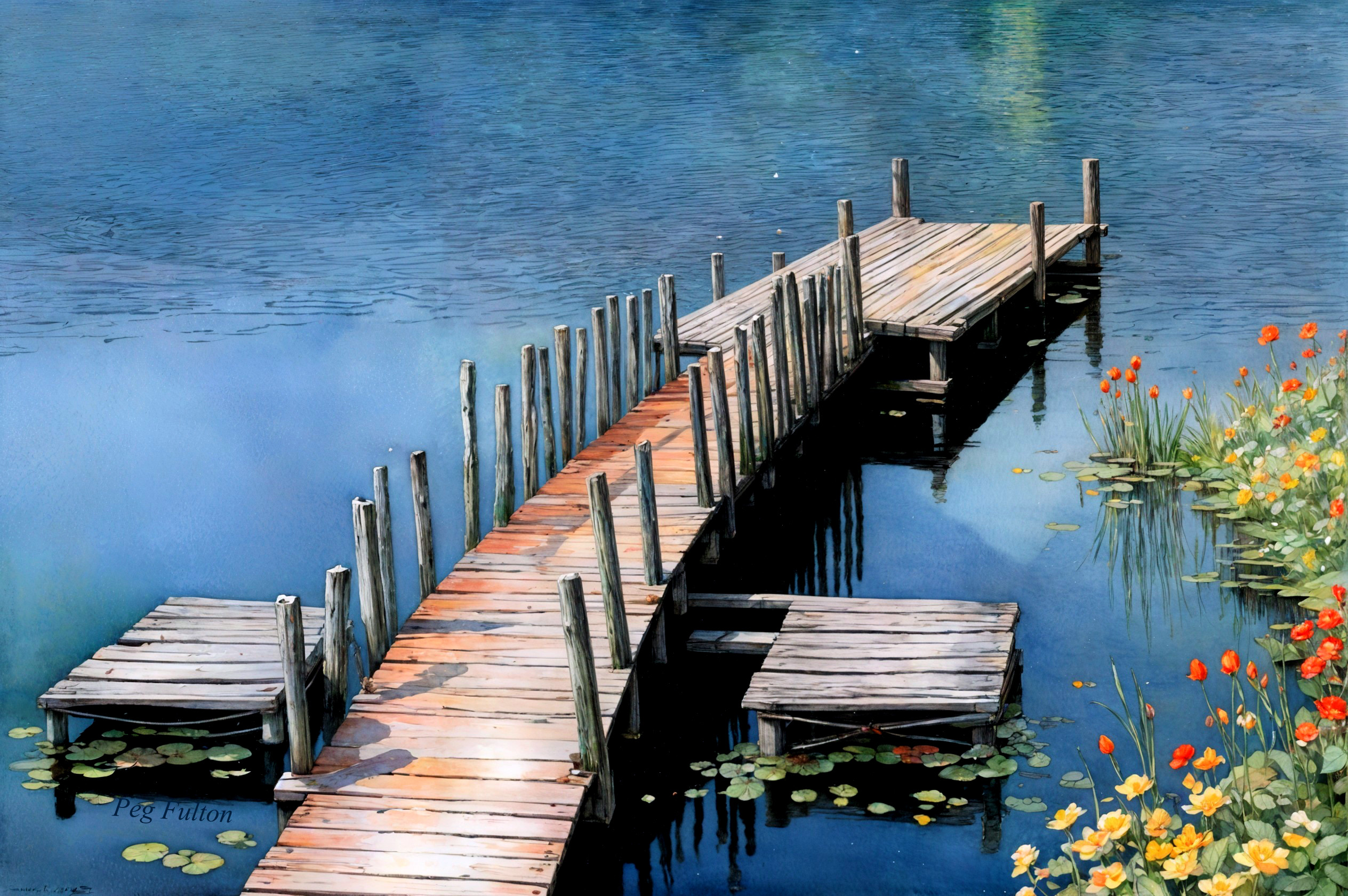 Serene Wooden Dock on a Tranquil Lake Scene