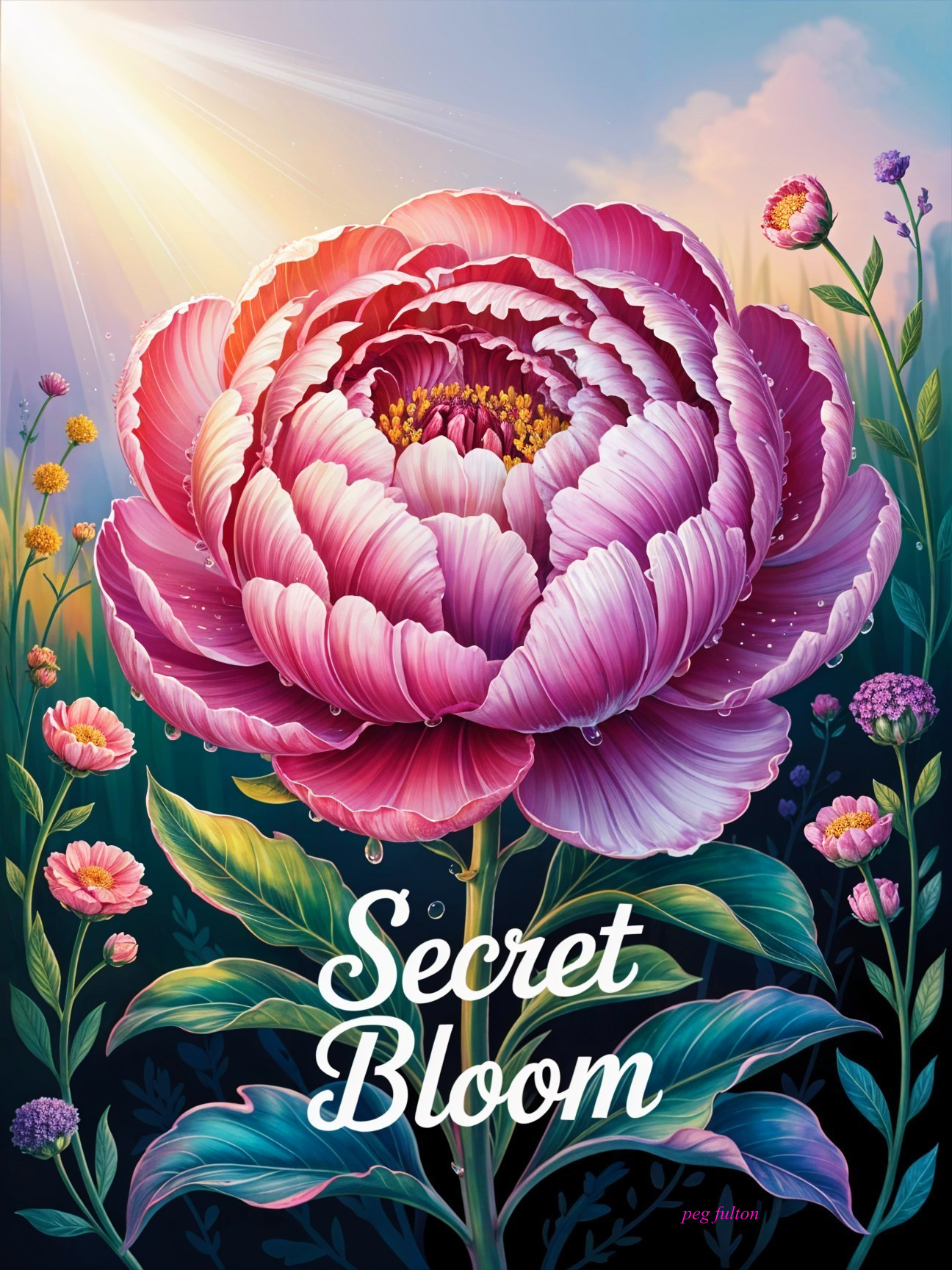 Vibrant Oversized Peony with Dew Drops and Sunlight