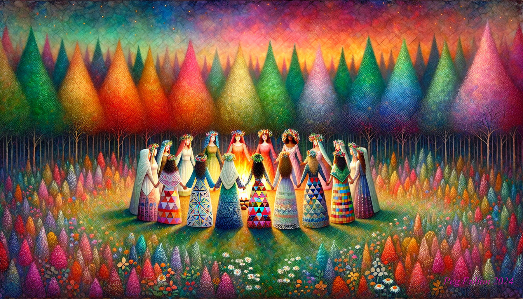 Vibrant Women in Colorful Forest with Intricate Patterns