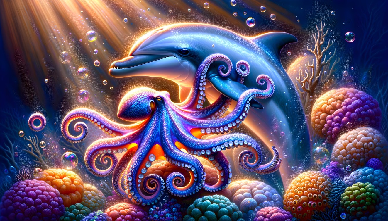 Underwater Scene with Dolphin and Colorful Octopus