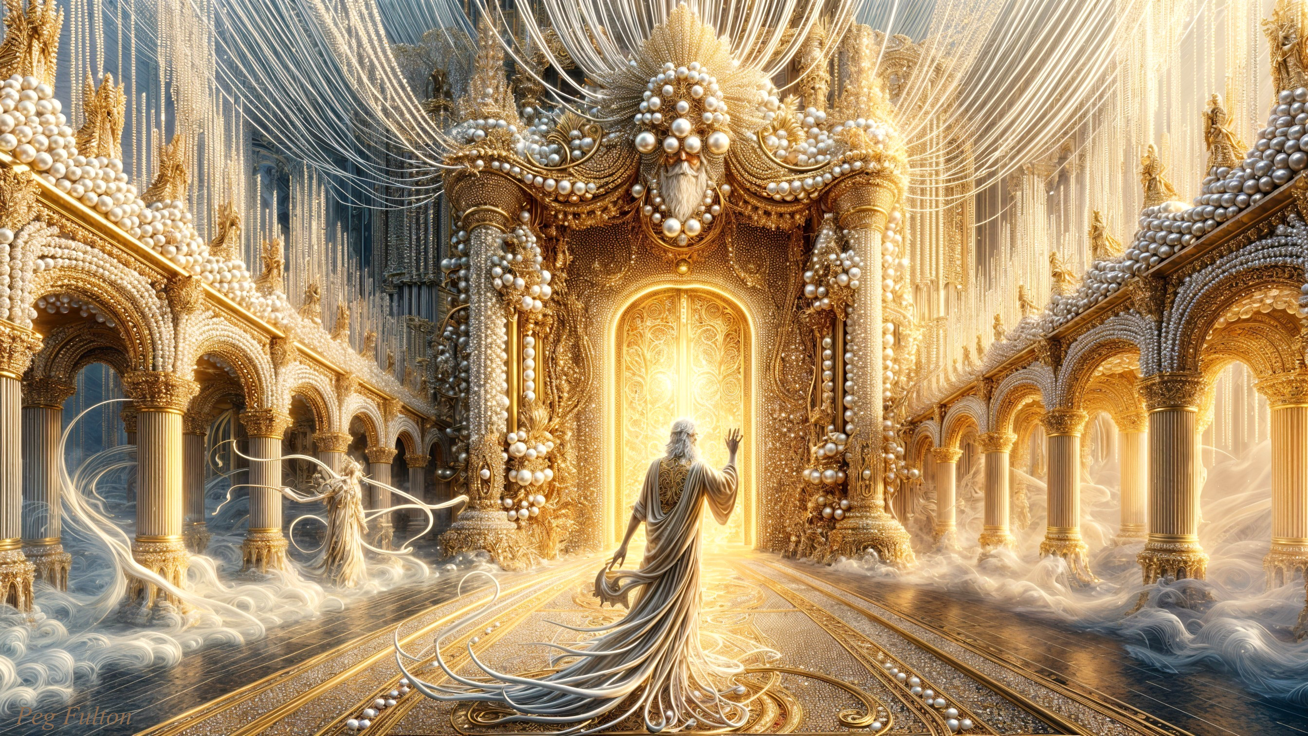 Ethereal palace with golden details and misty ambiance
