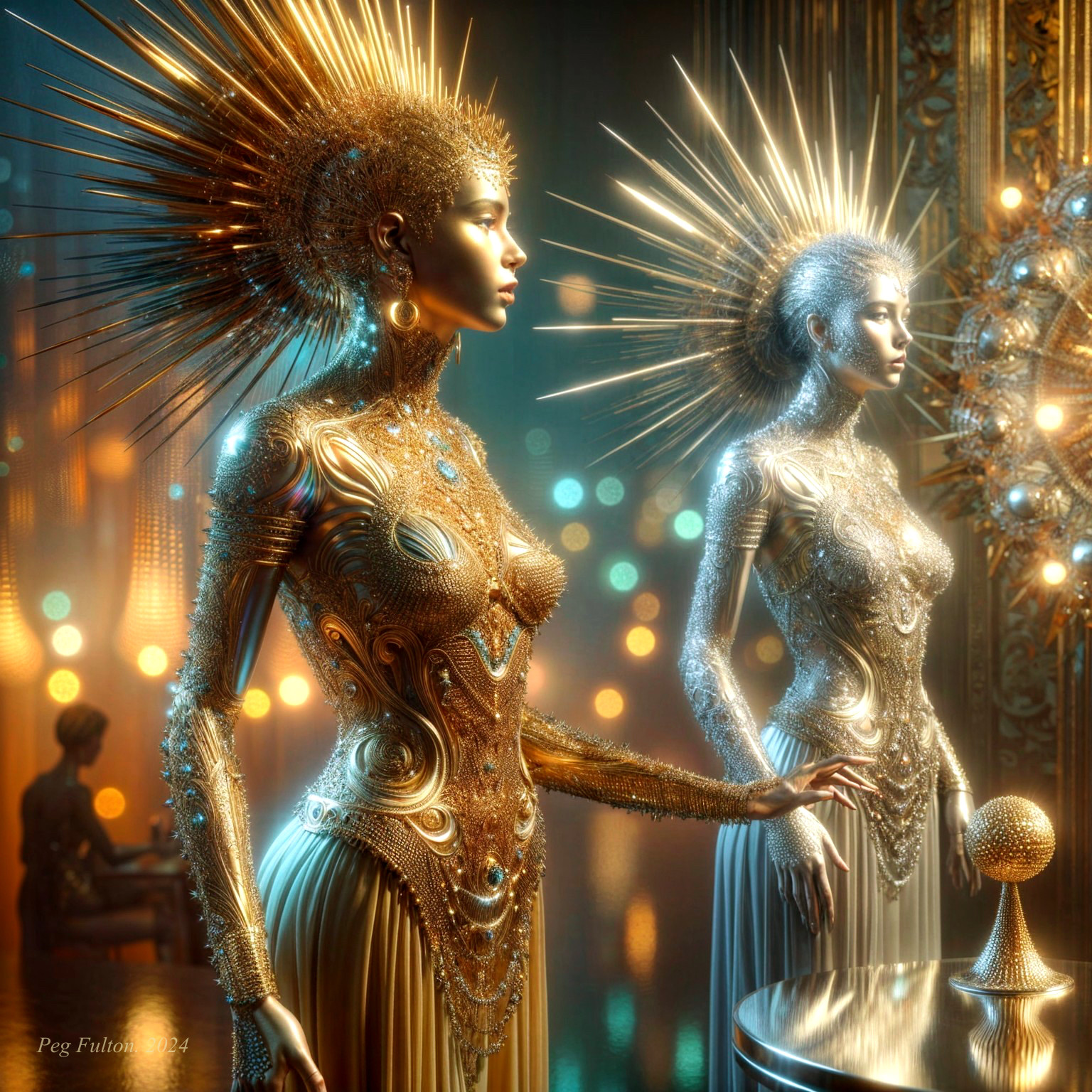 Humanoid Figures in Intricate Gold and Silver Garments