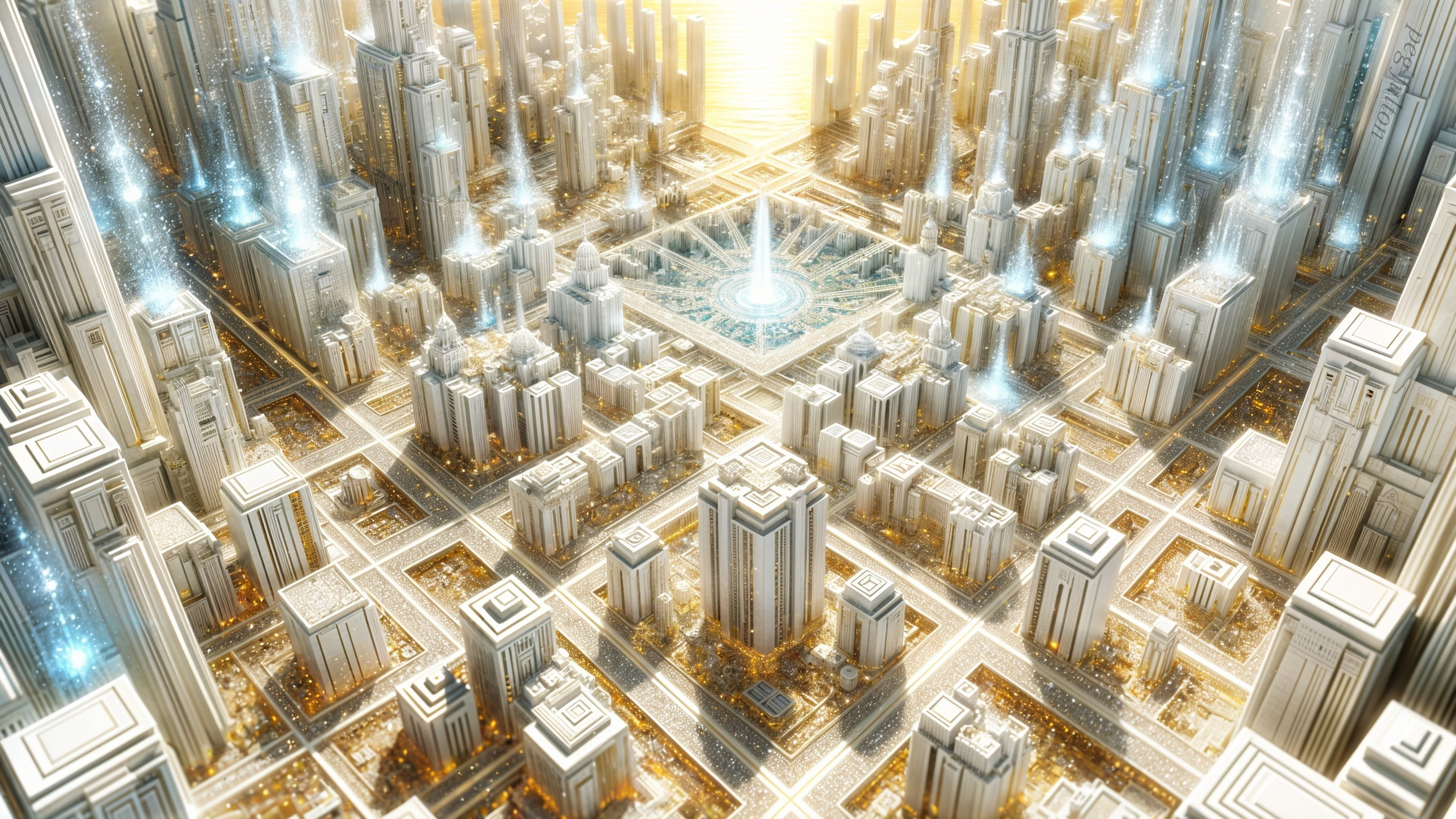Futuristic Cityscape with Skyscrapers and Fountain