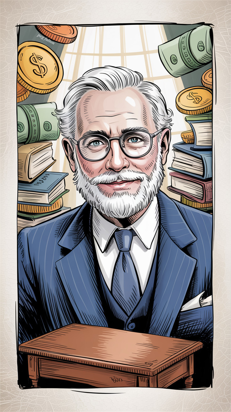 Older Man in Suit Surrounded by Books and Coins