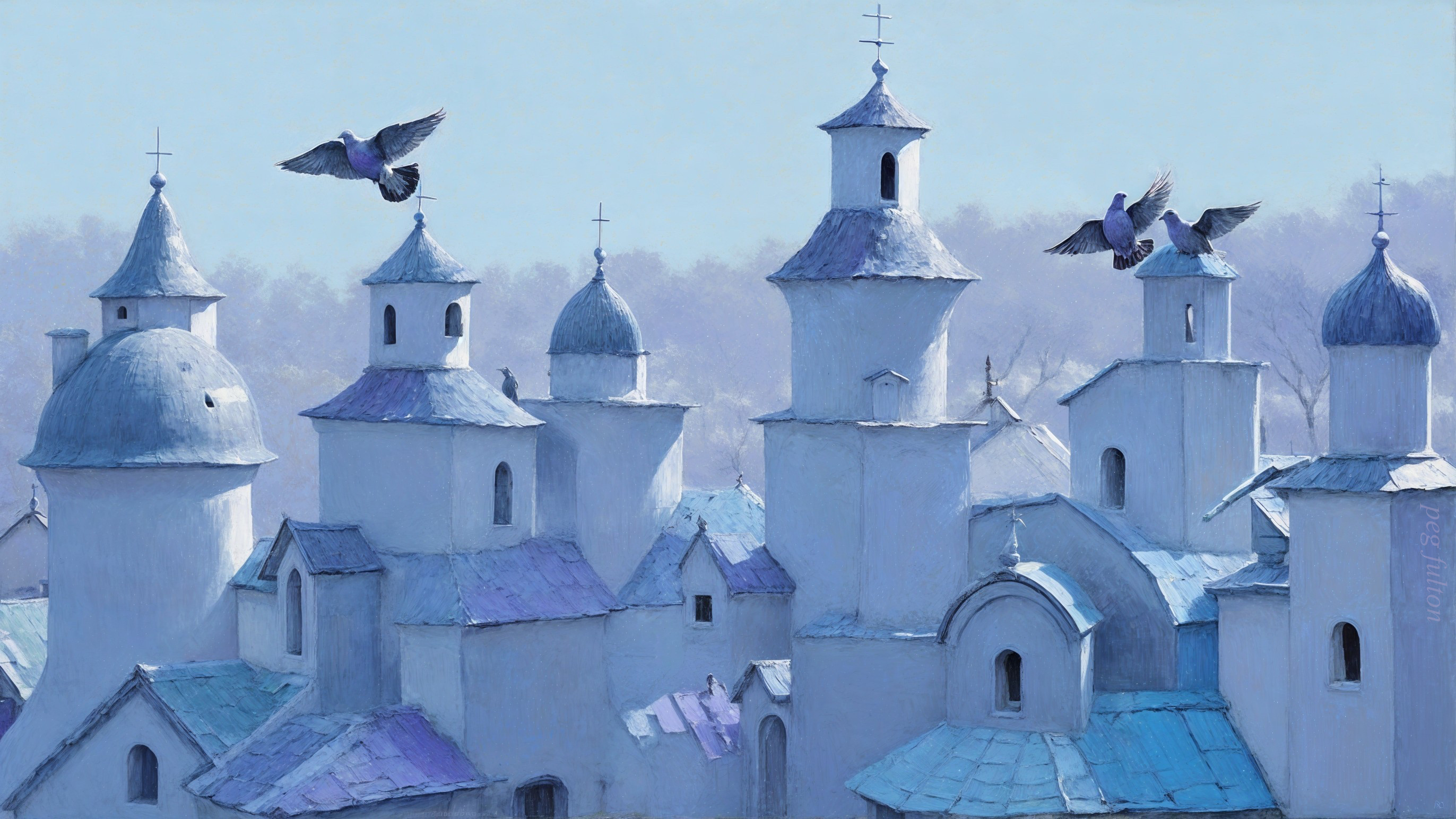Serene Winter Landscape with Dome-Shaped Buildings