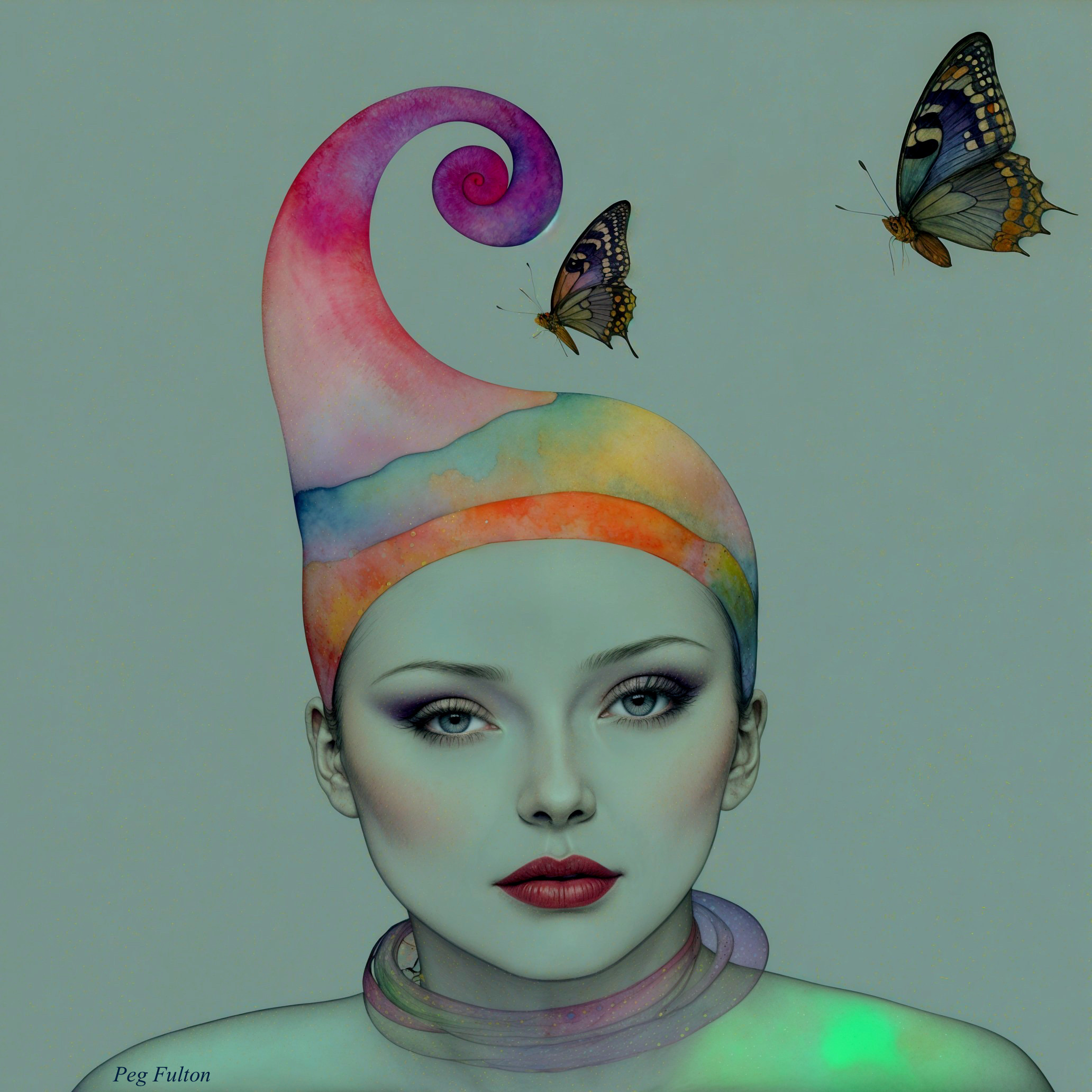 Stylized Portrait of Woman with Whimsical Hat and Butterflies