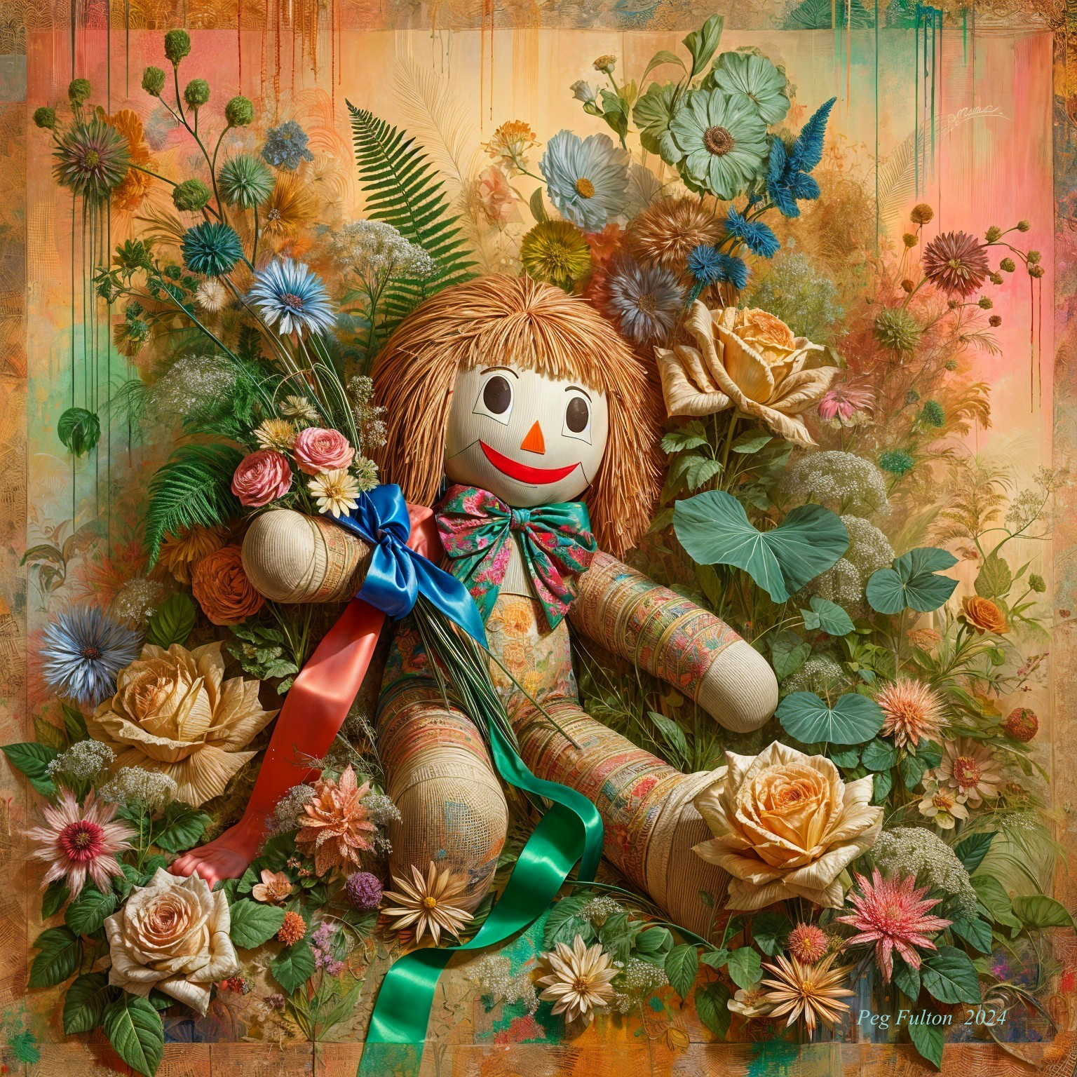 Whimsical Doll Surrounded by Vibrant Flowers and Greenery