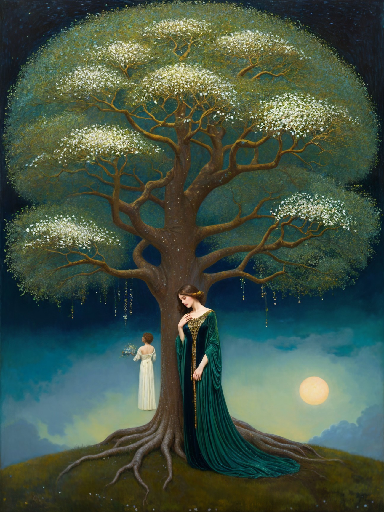 Majestic Tree and Elegant Figures Under Moonlit Sky