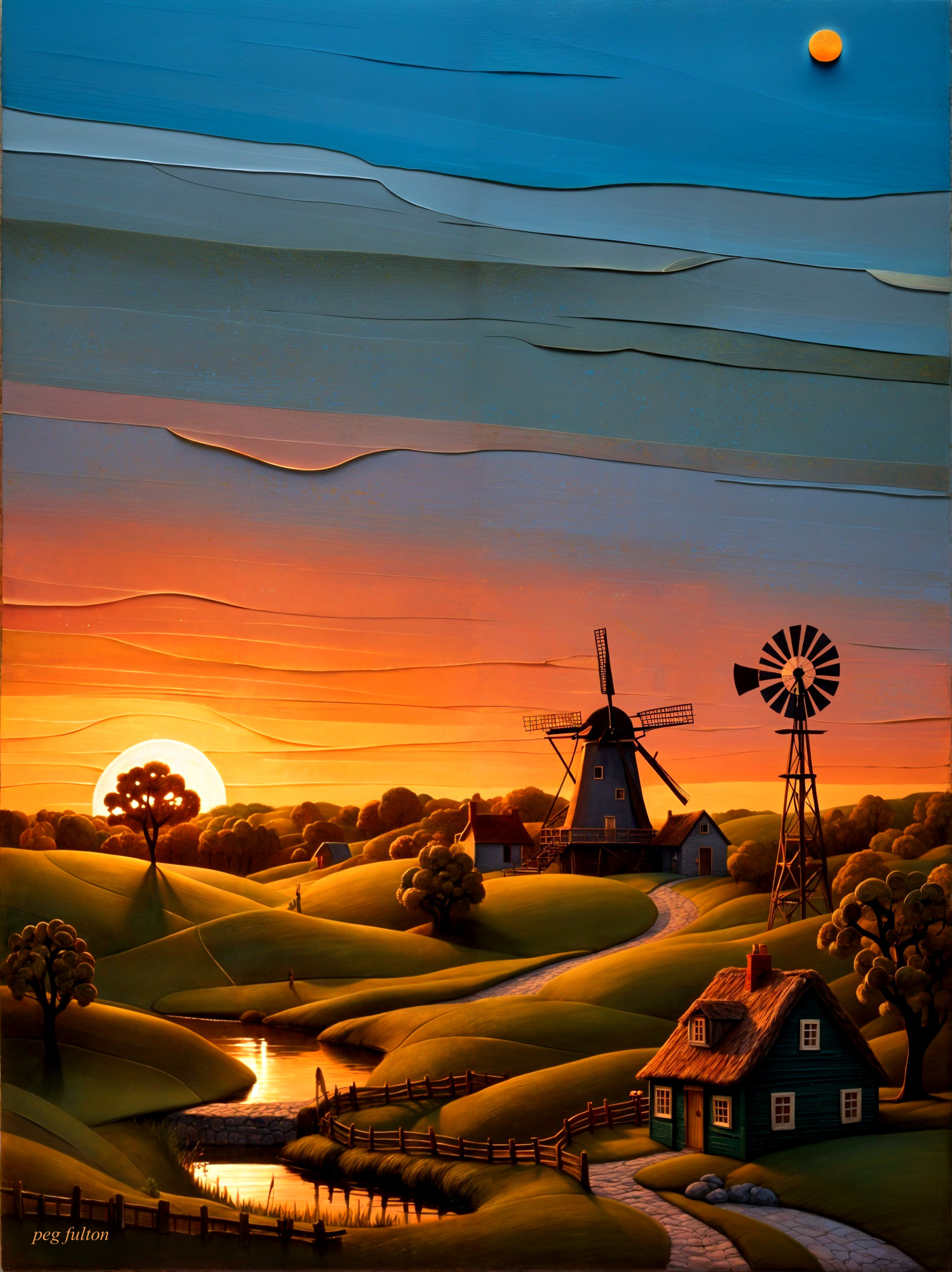 Serene Countryside Sunset with Cottage and Windmill