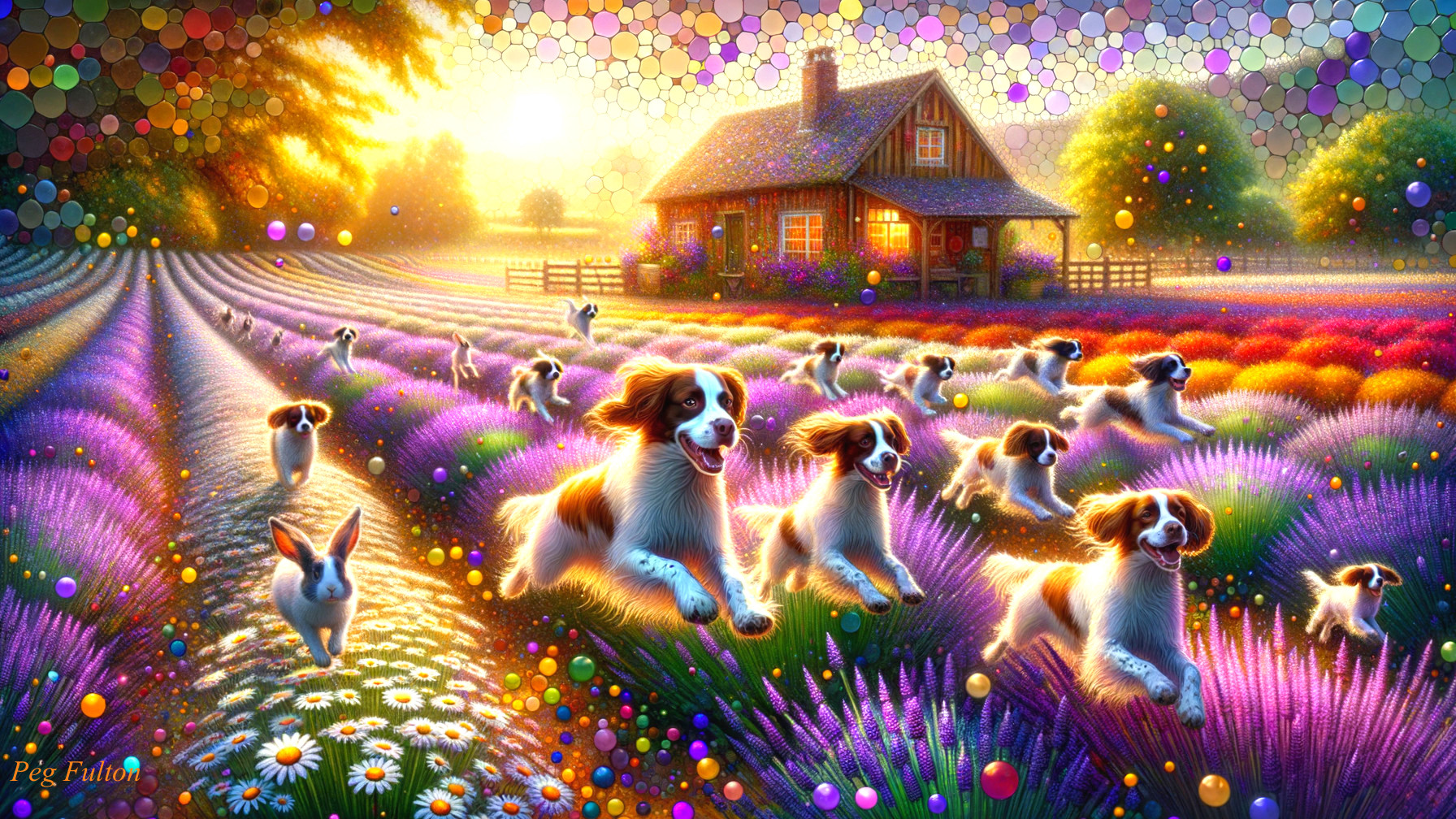 Sunny Landscape with Cottage and Lavender Fields