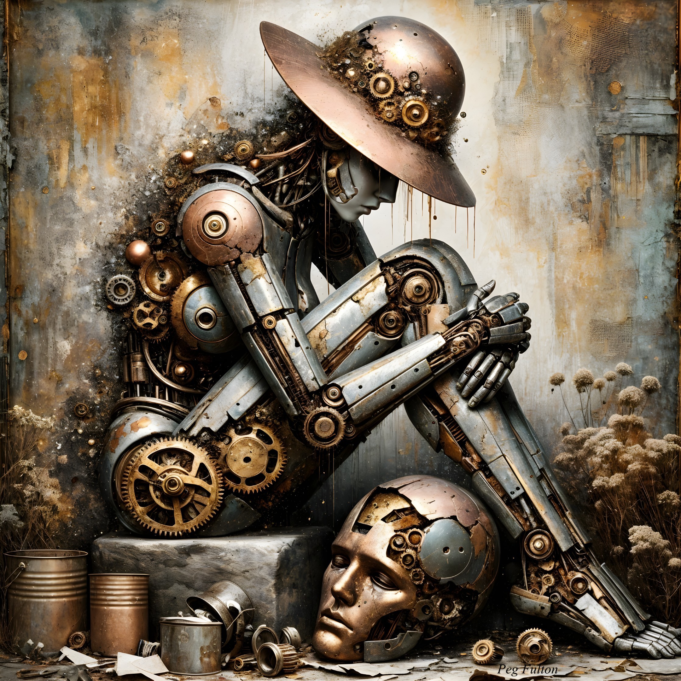 Robotic Figure in Steampunk Aesthetic and Industrial Setting