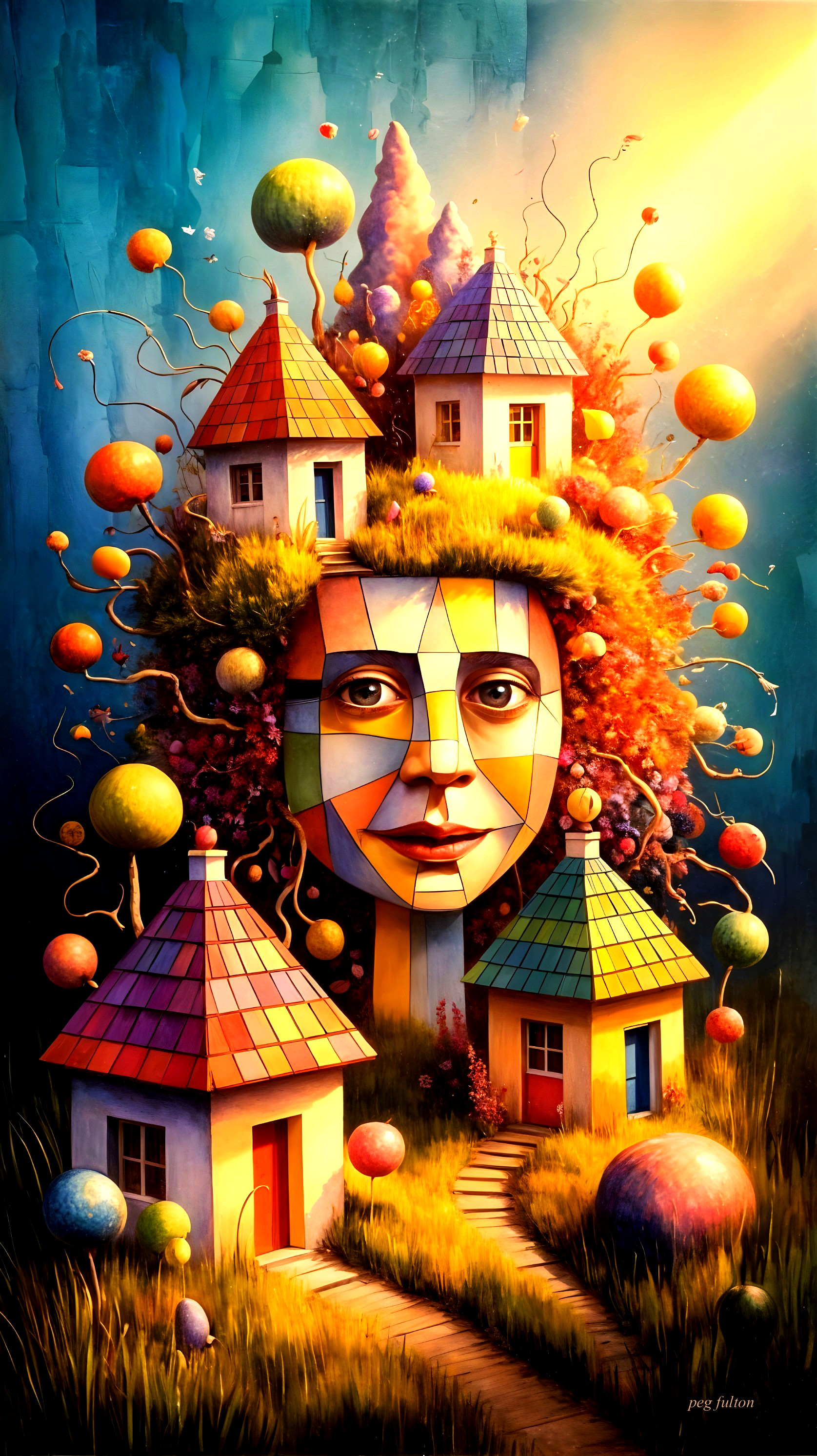 Surreal Landscape with Abstract Face and Colorful Shapes