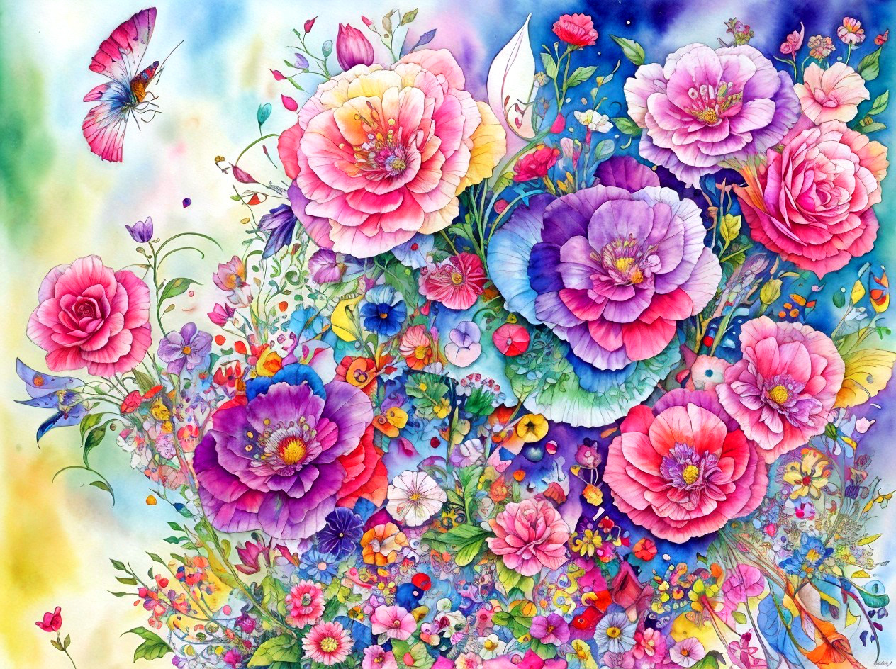 Watercolor Painting of Colorful Blossoms and Butterfly