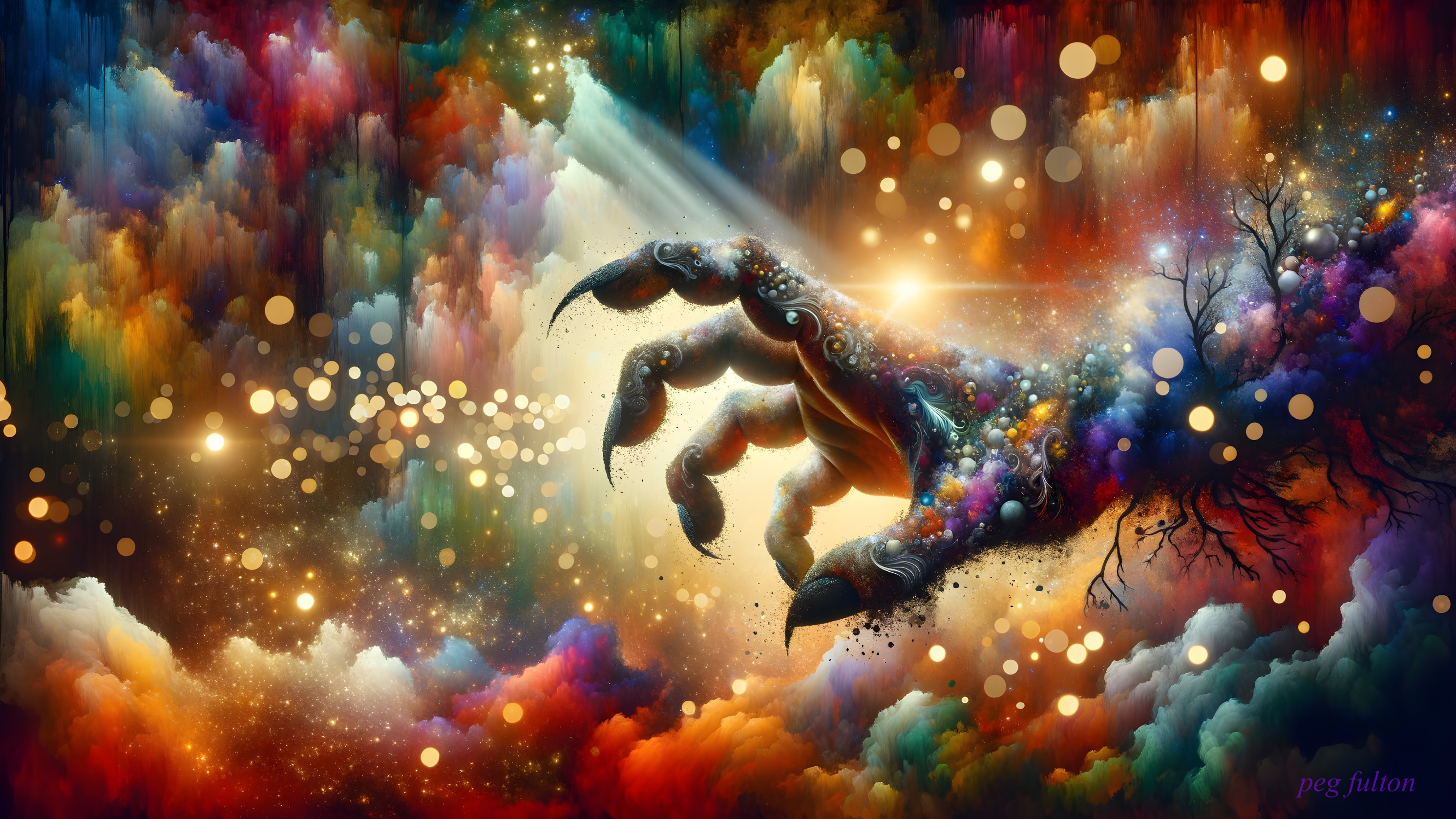 Cosmic Scene with Majestic Hand and Colorful Clouds