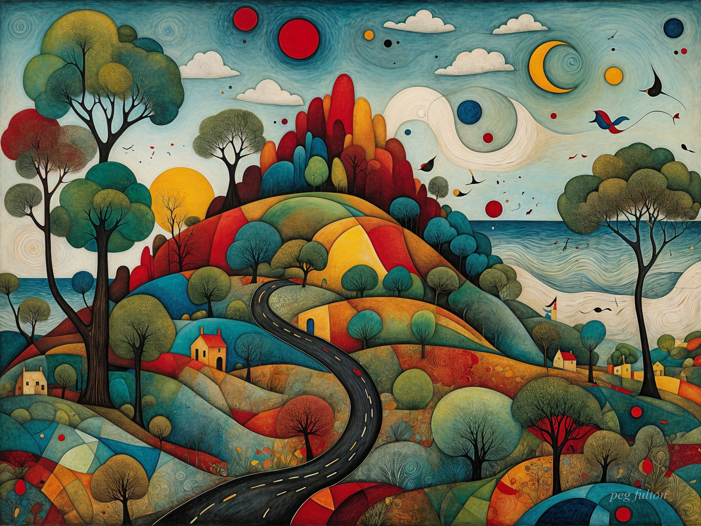 Vibrant Landscape with Hills, Trees, and Whimsical Houses