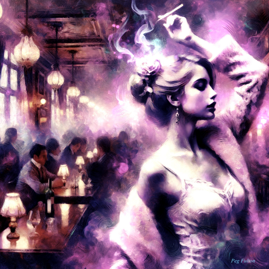 Glamorous Woman in Vintage Bar Setting with Cigarette