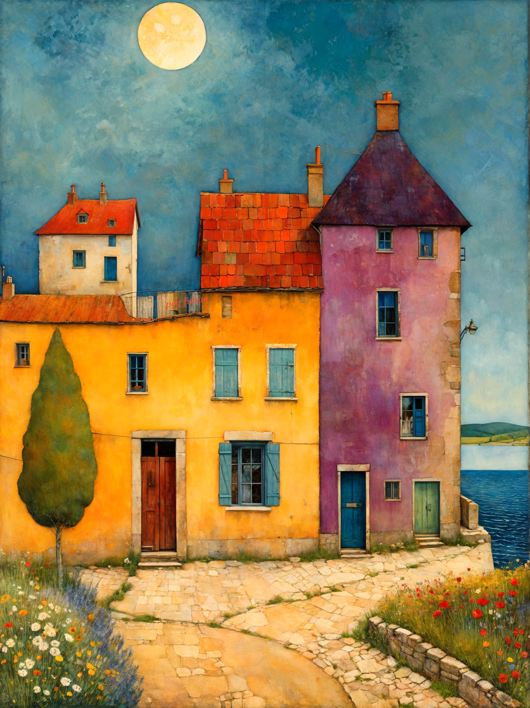 Colorful Houses by Water Under a Full Moon