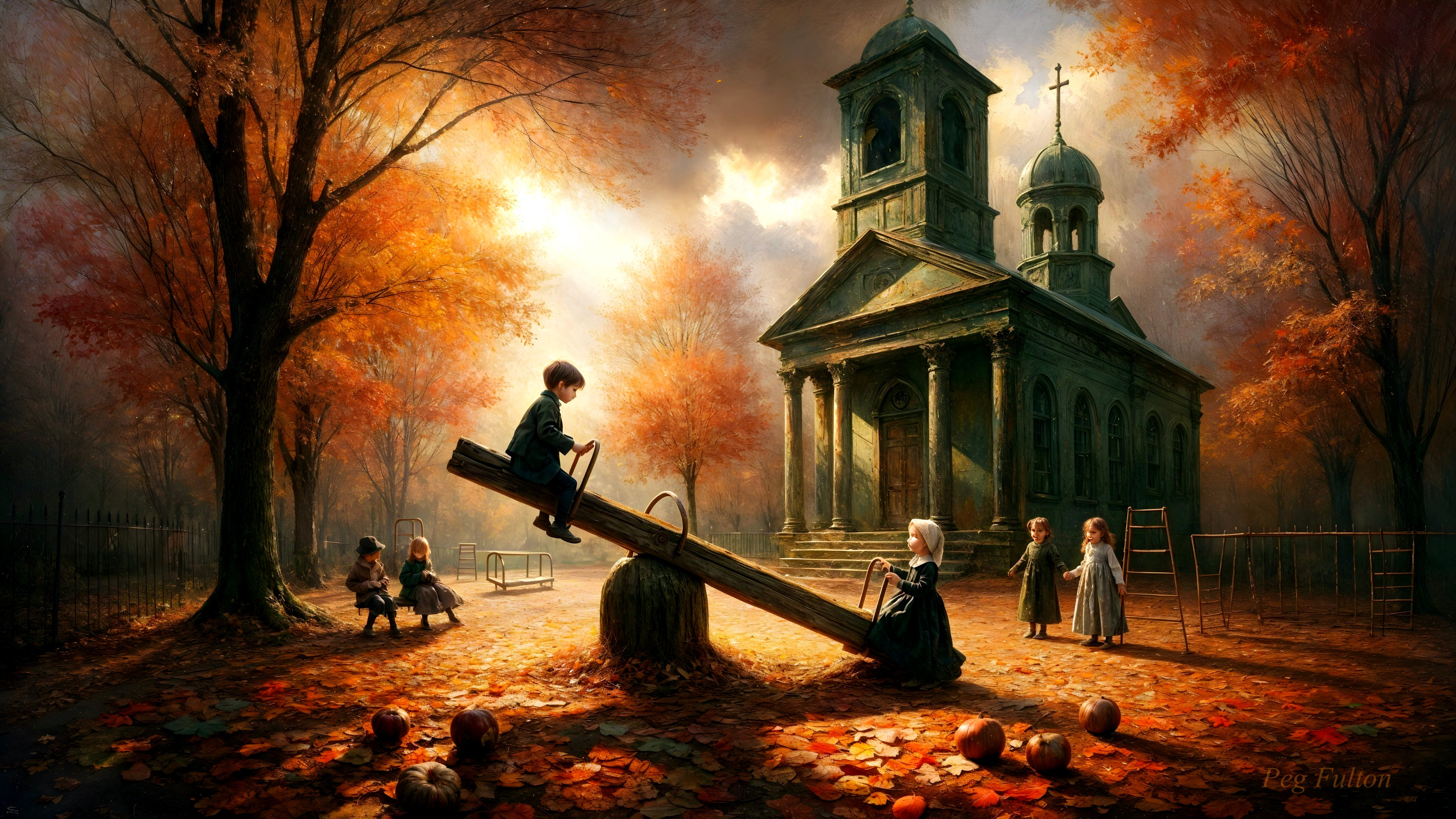 Children Playing on Seesaw in Autumn Foliage