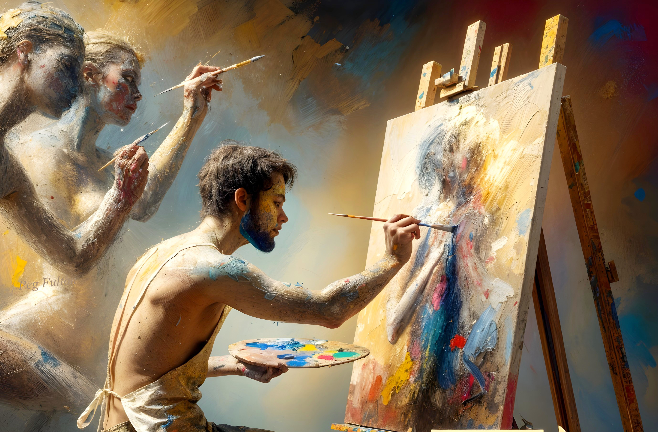 Vibrant Artist Painting with Observers in Colorful Scene