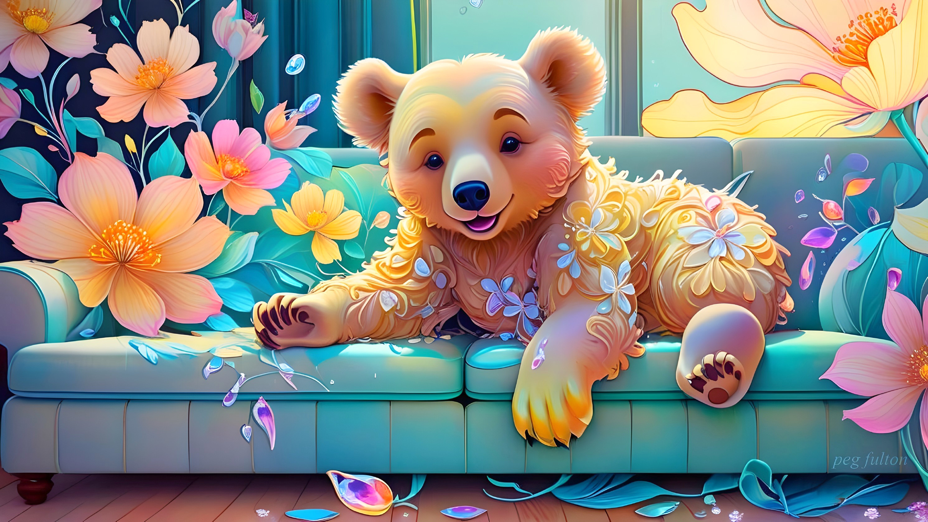 Fluffy bear on pastel sofa in colorful floral room