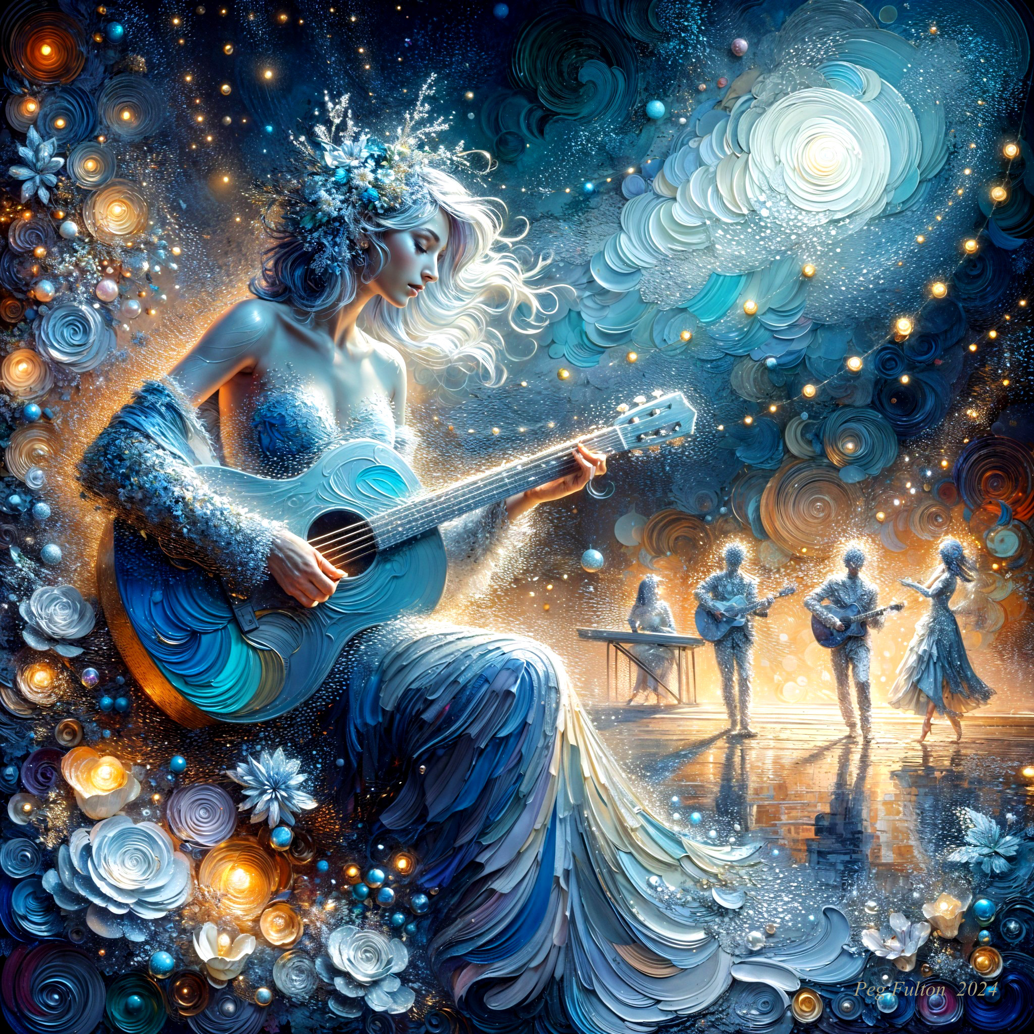 Serene Female Figure Playing Acoustic Guitar in Blue Gown