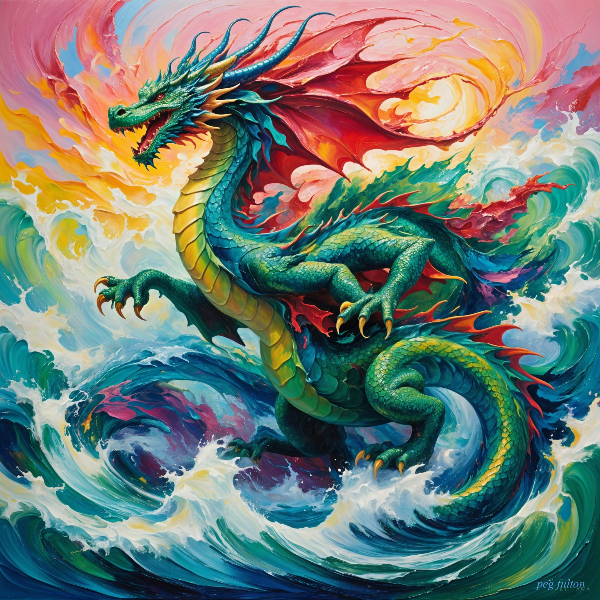 Mythical dragon emerging from ocean waves with colors