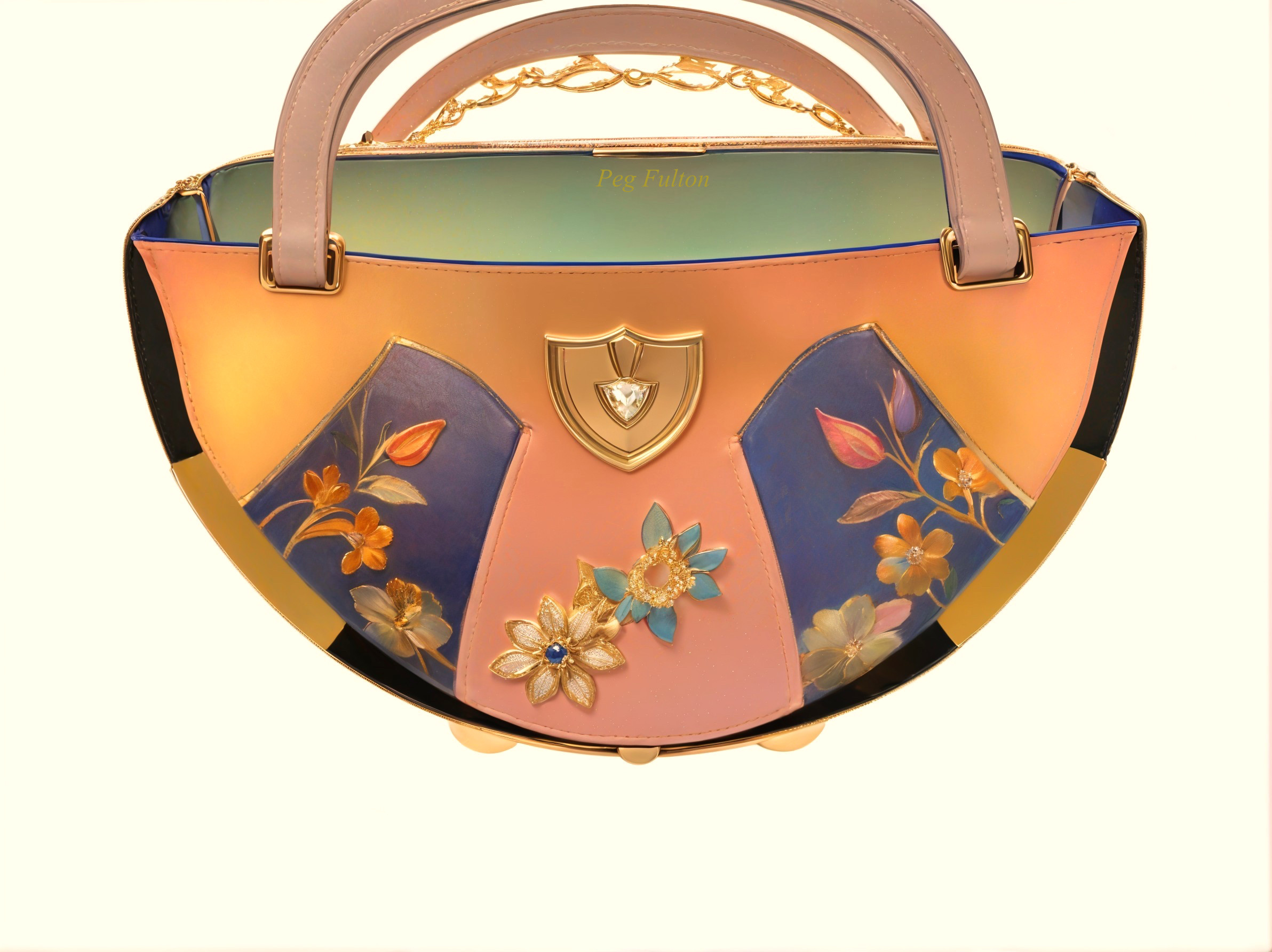Chic Half-Moon Handbag with Floral Designs and Gold Accents