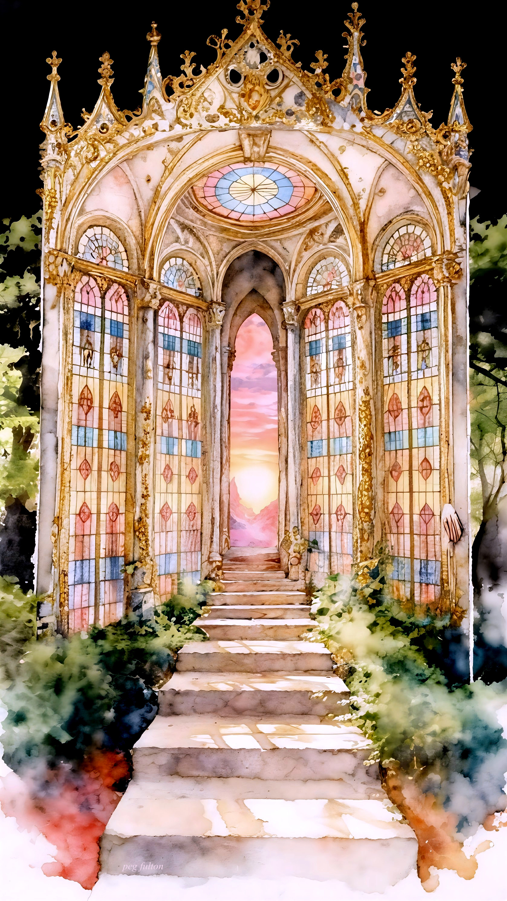 Gothic Watercolor Painting of Ornate Church Entrance