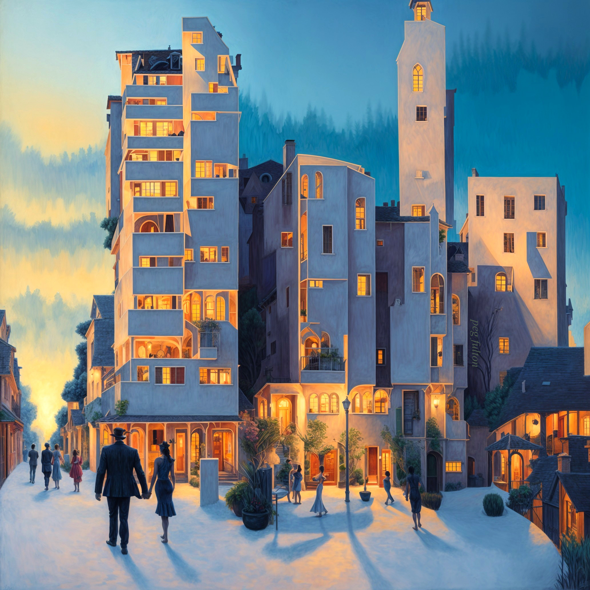 Contemporary Urban Scene at Dusk with Vibrant Colors