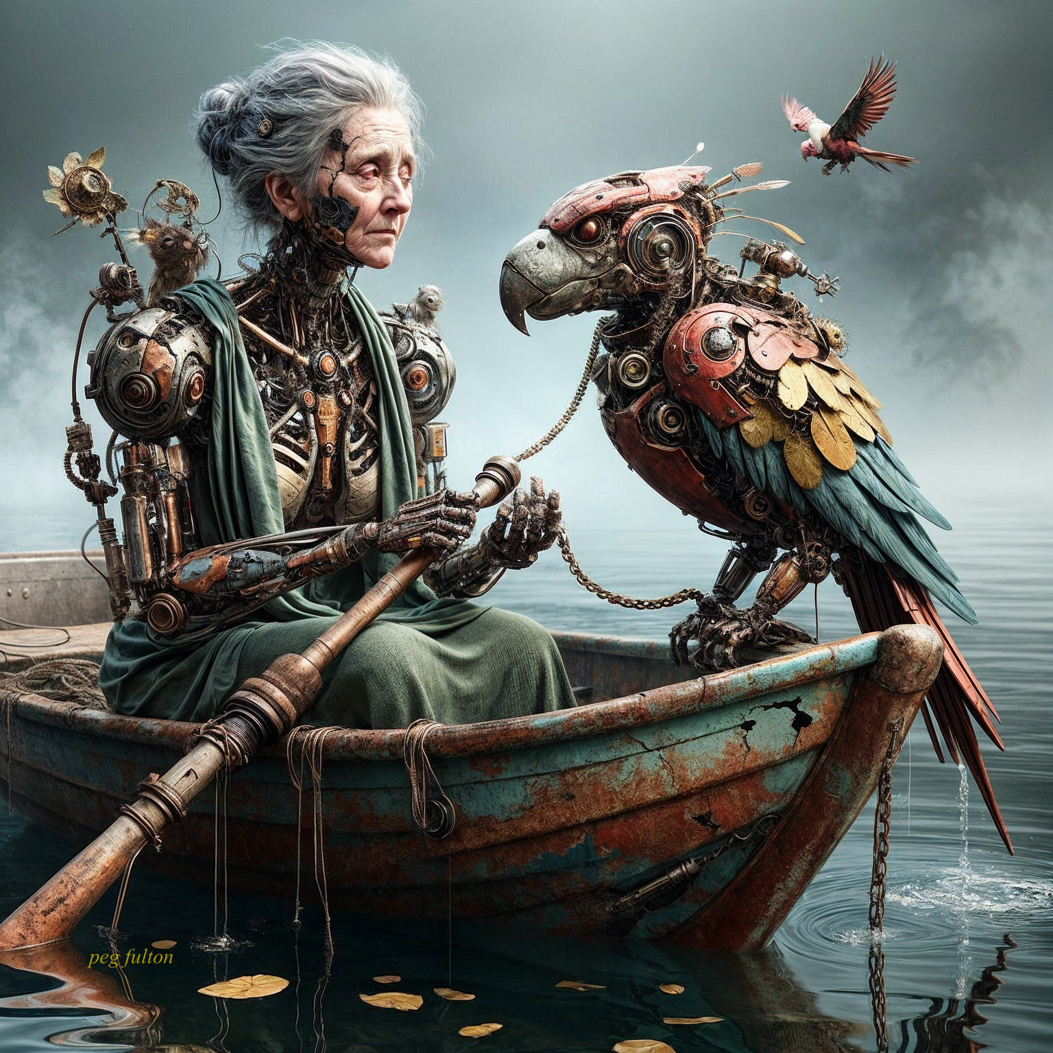 Elderly Woman with Robotic Features in Rustic Boat
