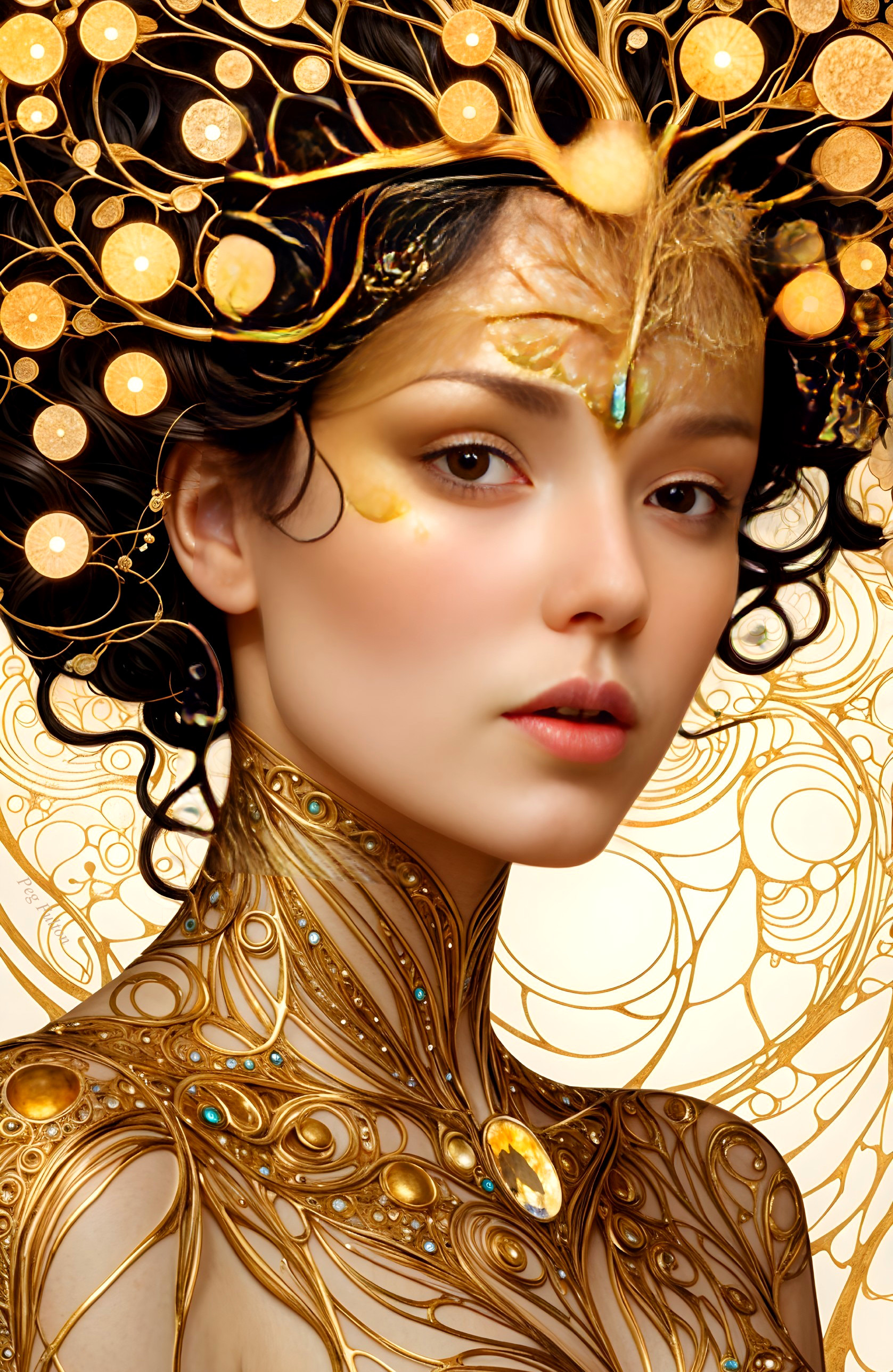 Woman with Golden Adornments and Serene Expression