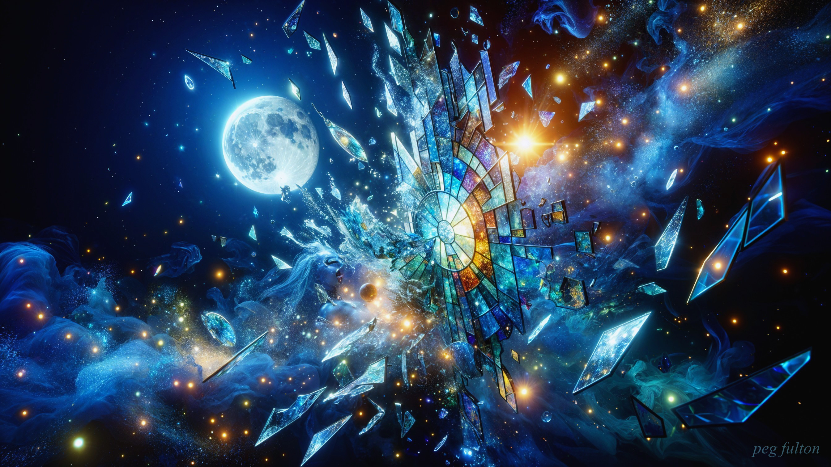 Luminous Moon Amidst Colorful Cosmic Nebulas
