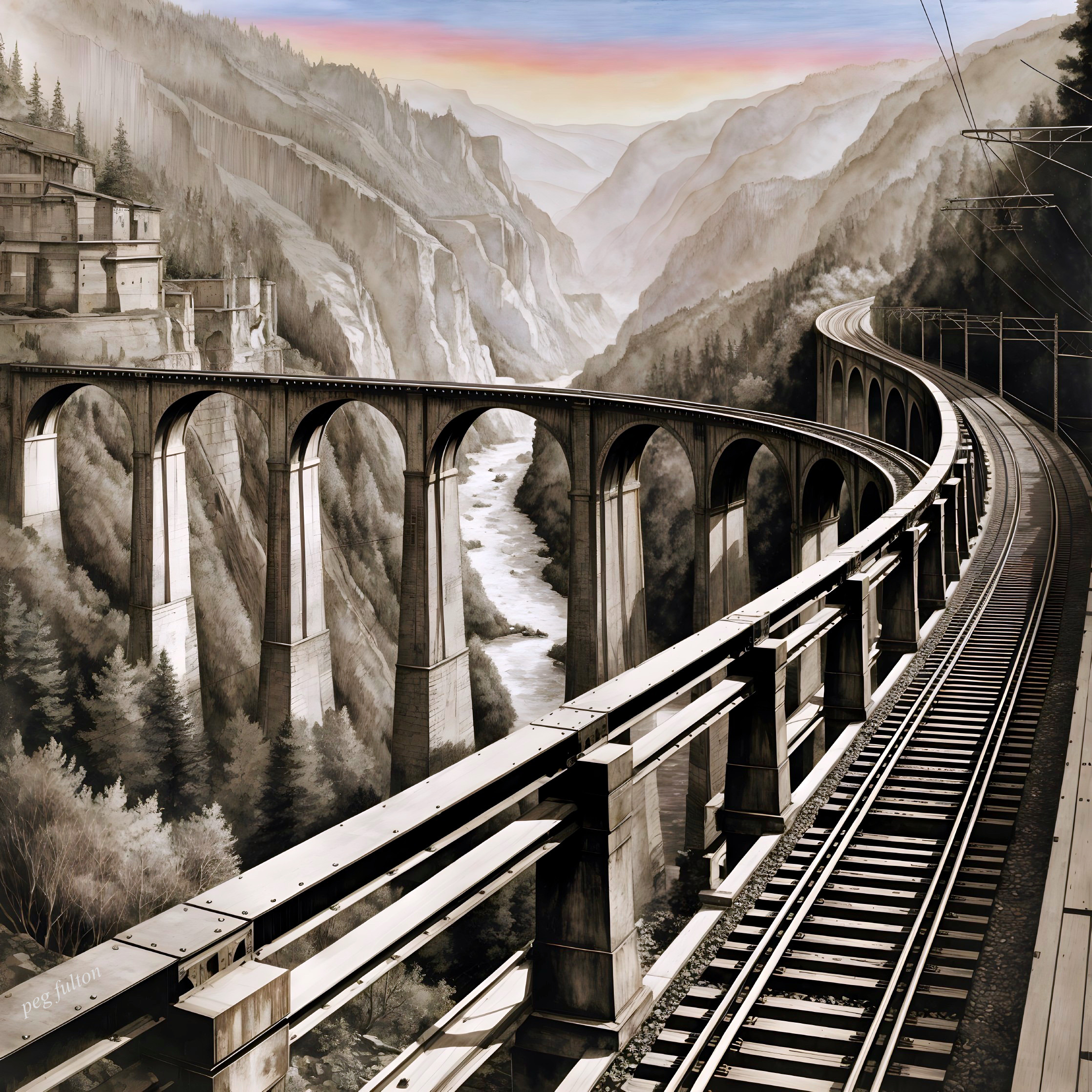 Mountainous Landscape with Railway Viaduct and River