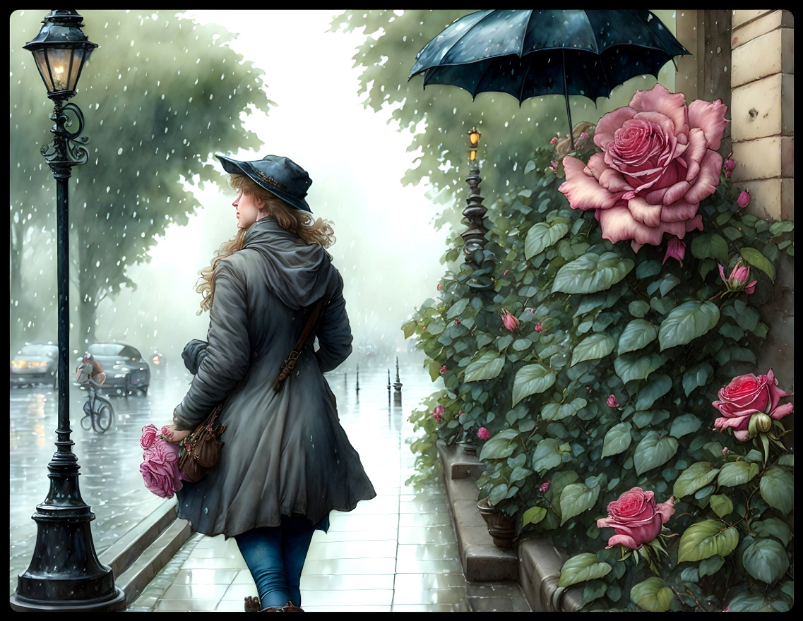 Woman with Roses on Rainy Street at Dusk