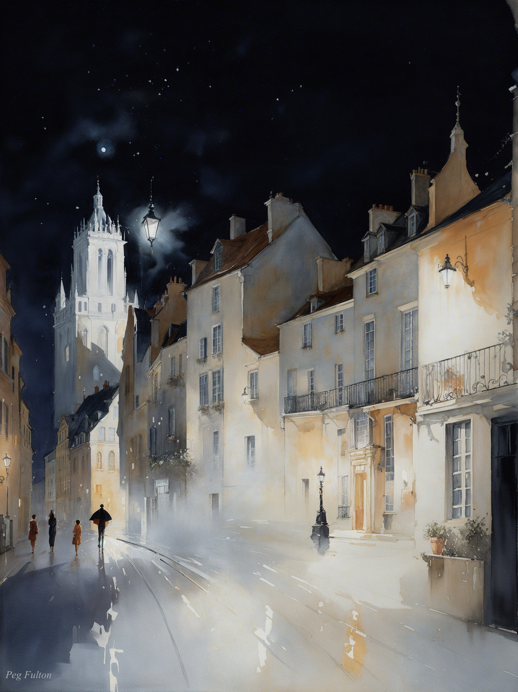 Serene European Street Scene Under Starry Night Sky