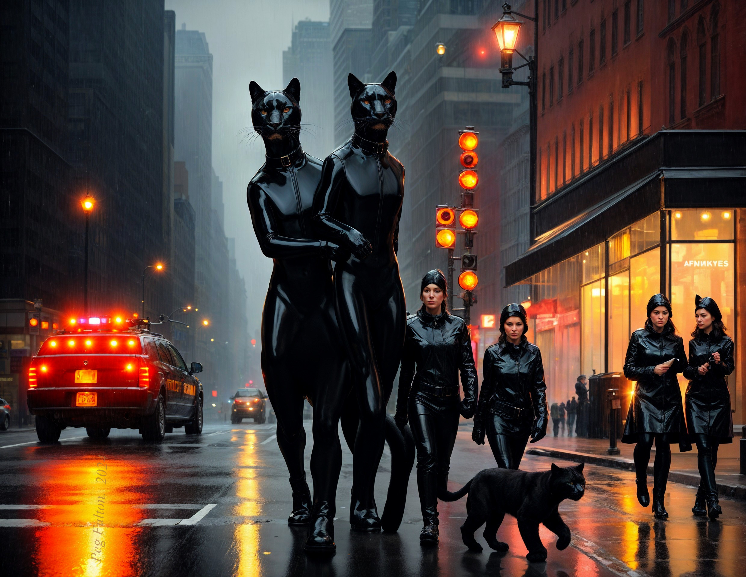 Surreal Urban Scene with Skyscrapers and Cat Figures