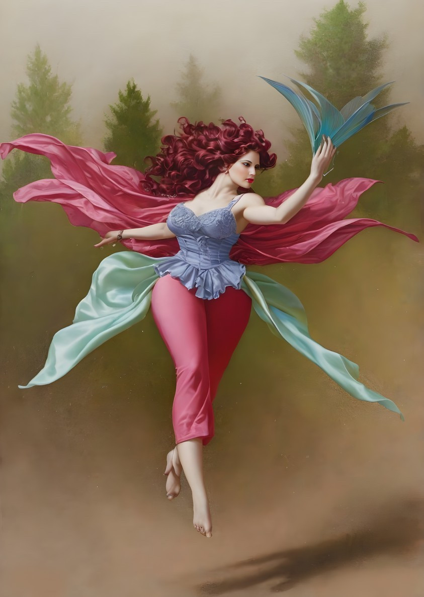 Graceful figure in soft colors with flowing fabrics