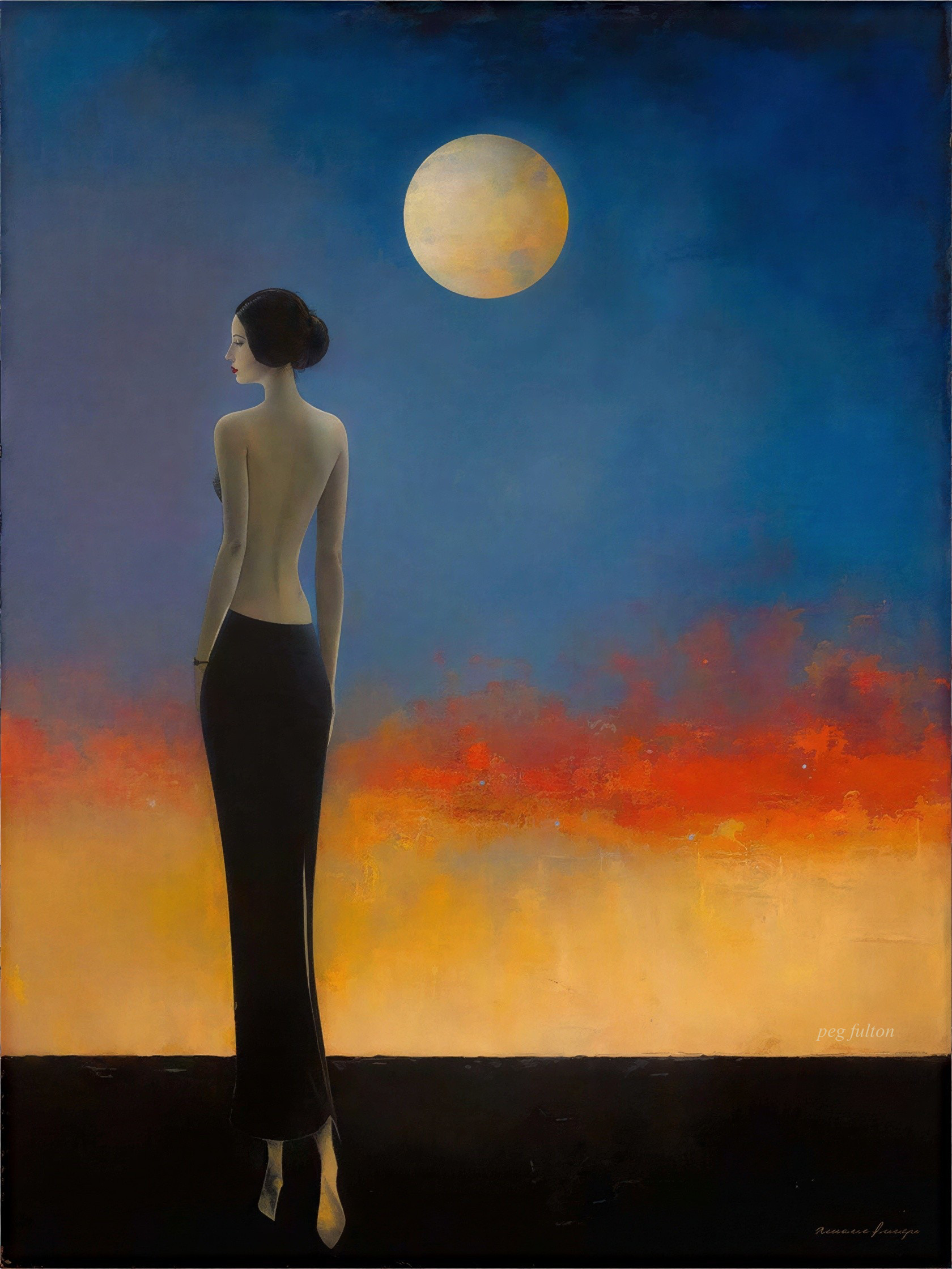 A slender woman in a dark dress under a full moon