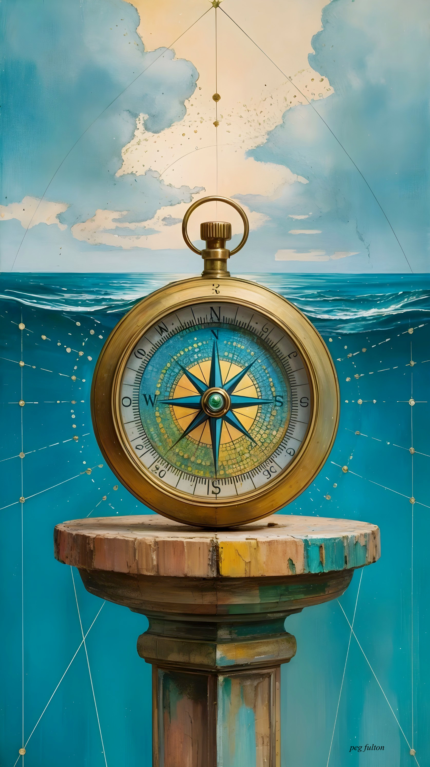 Antique Compass on Stone Pedestal by Ocean and Sky