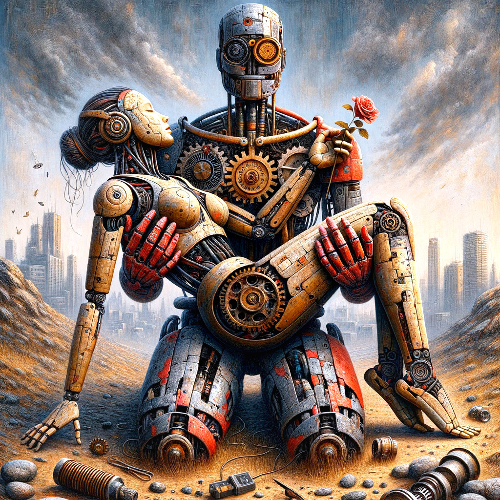 Humanoid Robot with Flower in Dystopian Landscape