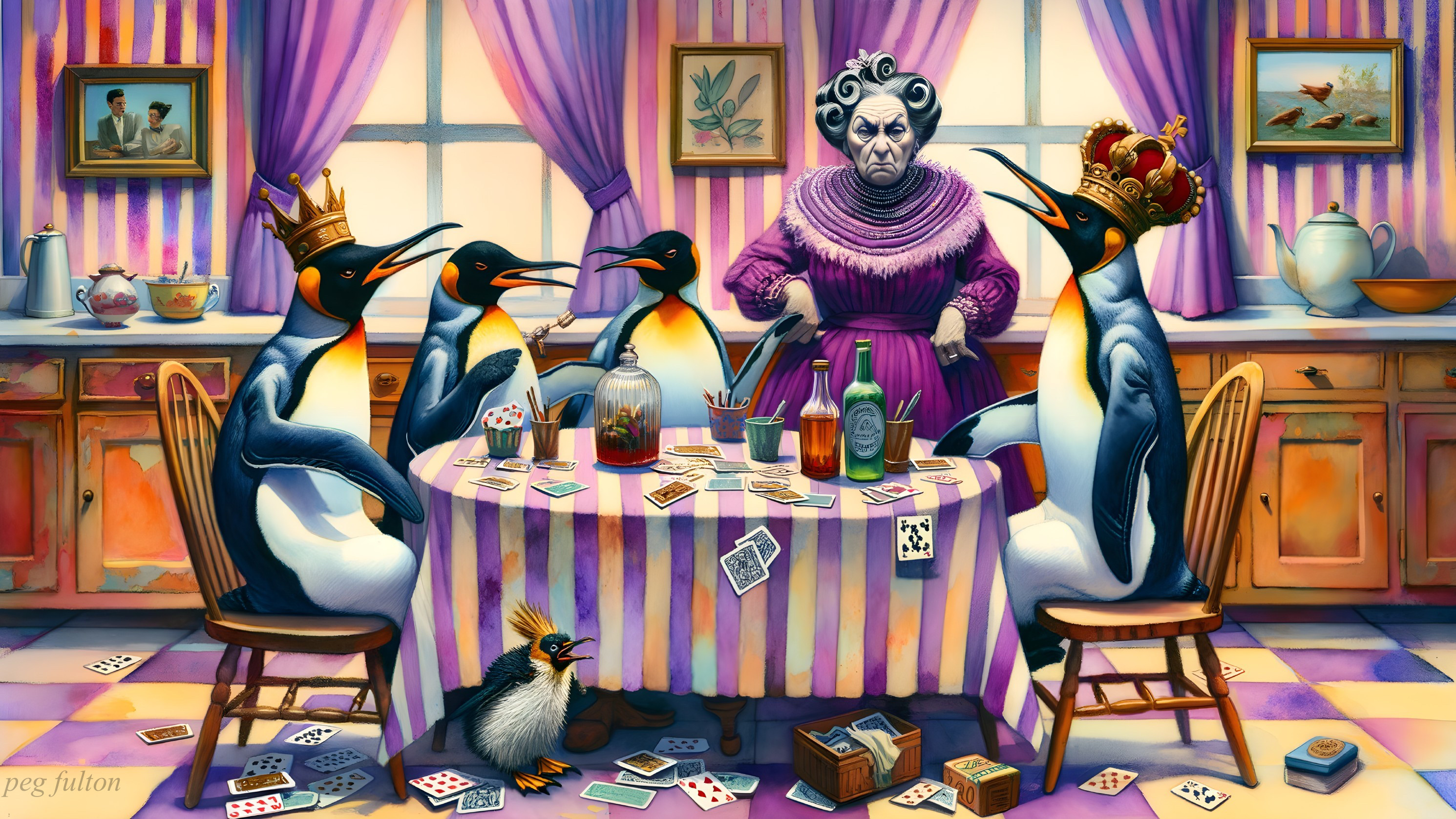 Penguins Playing Cards in Whimsical Kitchen Scene